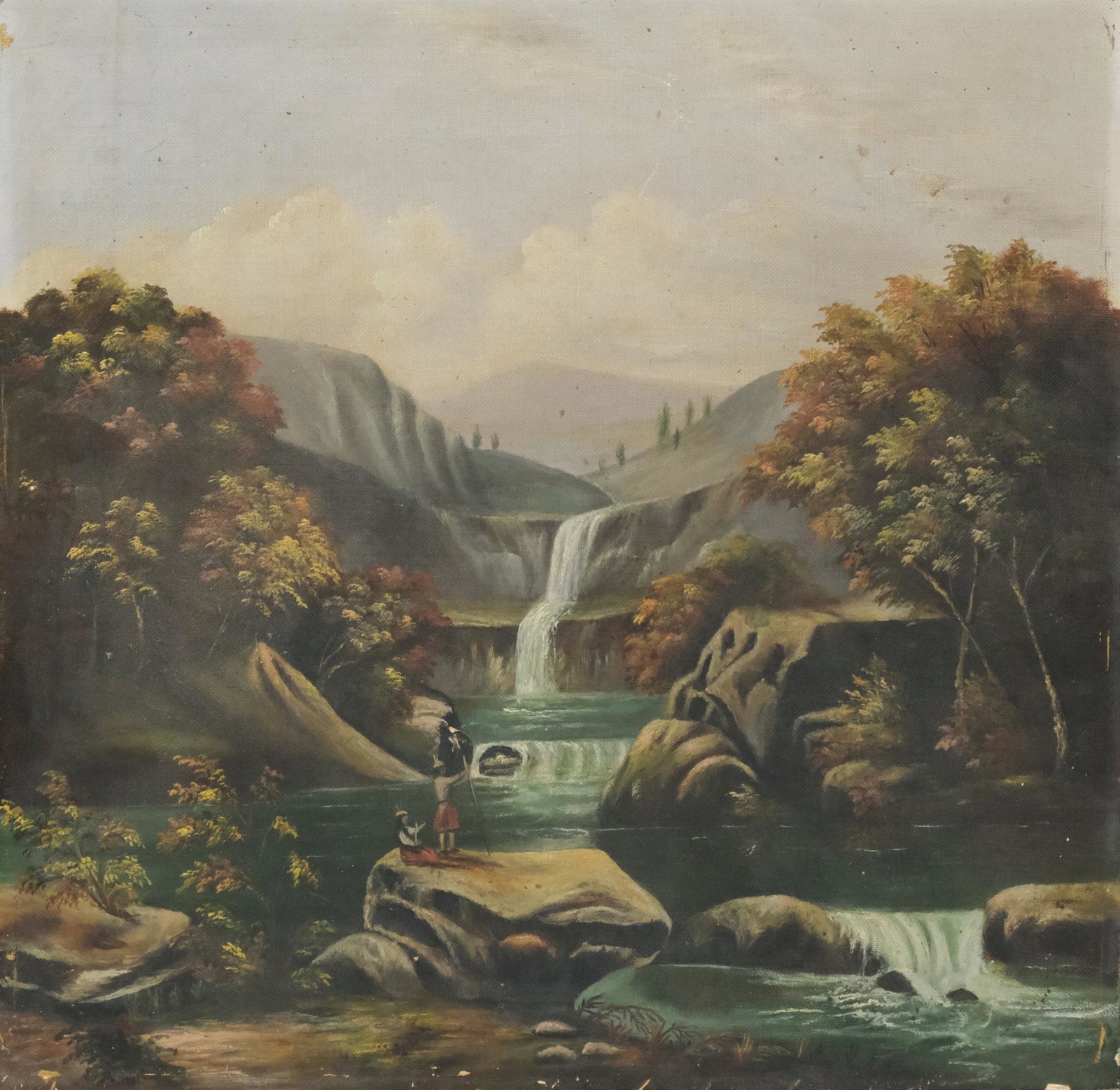 Hudson River School Folk Art River Scene: Hudson River School unsigned folk art, oil on canvas, depicting an autumn scene of a couple on a large boulder overlooking a river with a waterfall and mountains in the background. 15 1/4" x 15 1/4"