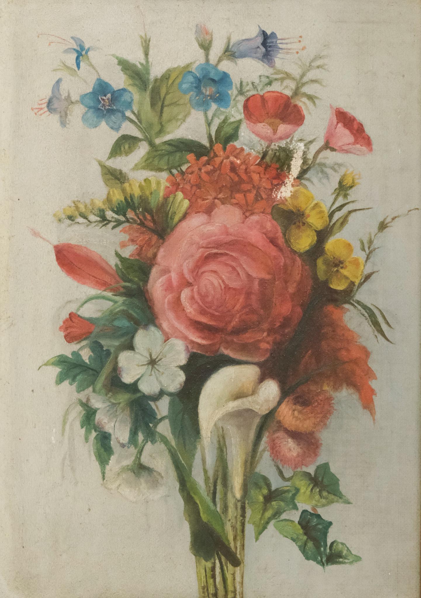 American School, Floral Still life: 19th Century delicately painted unsigned floral still life, circa 1860, featuring a full-blown rose and a calla lily at center surrounded by an assortment of other blooms, housed in a lemon gold frame