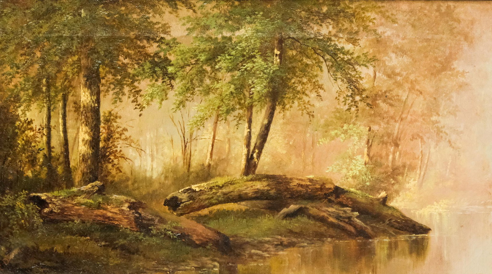 American School, Forest Interior: American, ca. 1880, oil on canvas nicely executed forest interior with stream, signed illegibly l.l. "McD..." 9 1/4" x 16 1/4" canvas, 13" x 20" framed.