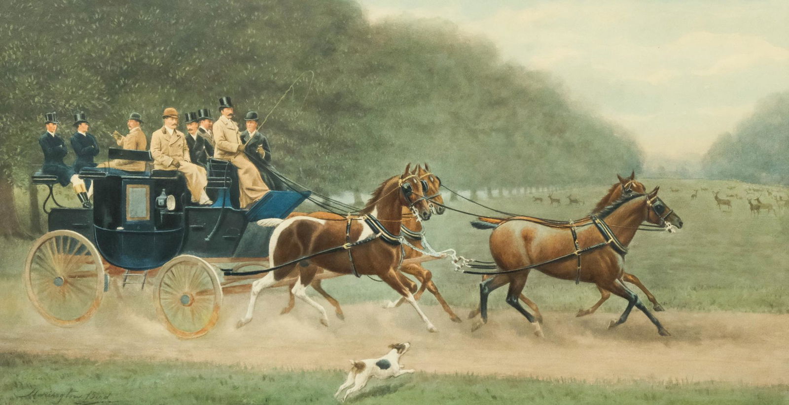 Harrington Bird, Coach and Four: Harrington Bird (British, 1846-1936) Possibly a watercolor, but more likely an aquatint. Measures 12" X 22" sight, 29" X 19" overall.