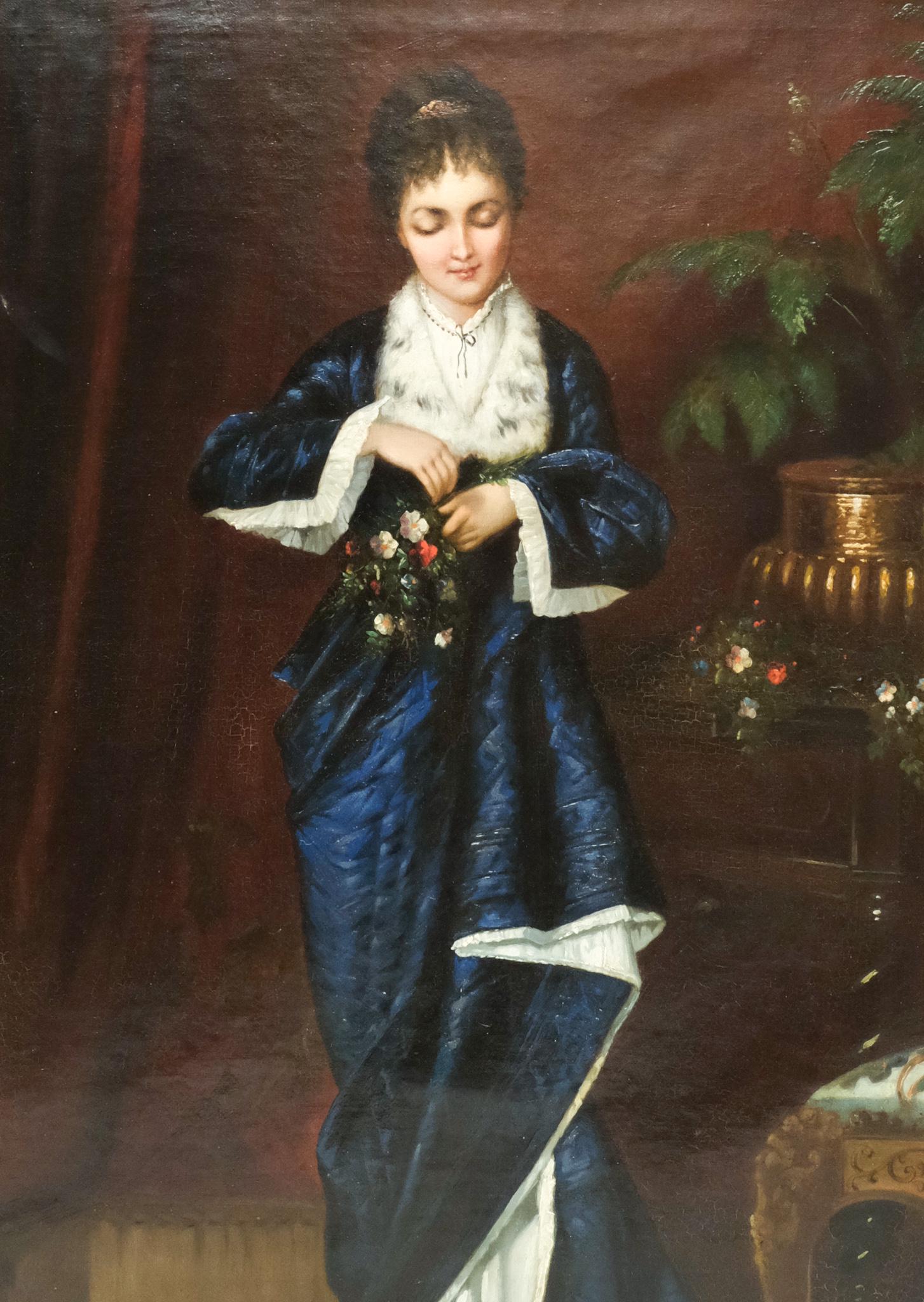 American School, Portrait of a Young Lady: American, ca. 1870, oil on canvas portrait of a young woman in a blue gown with an ermine collar, very well executed, no apparent signature, housed in a period giltwood frame, 19" x 27" canvas, 27 1/2