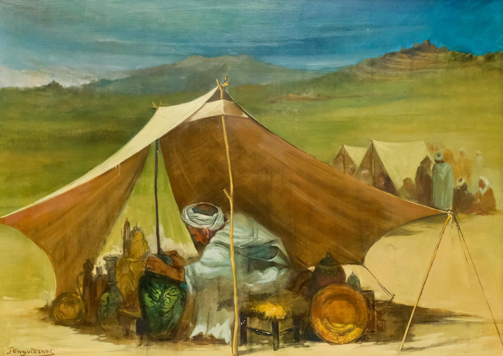 Juan Enguidanos, Orientalist Scene: Juan Enguidanos (20th century) oil on masonite depicting a Bedouin in his tent with many brightly colored vessels, 20 3/4" x 28 3/4" board, 26 3/4" x 34 3/4" framed.