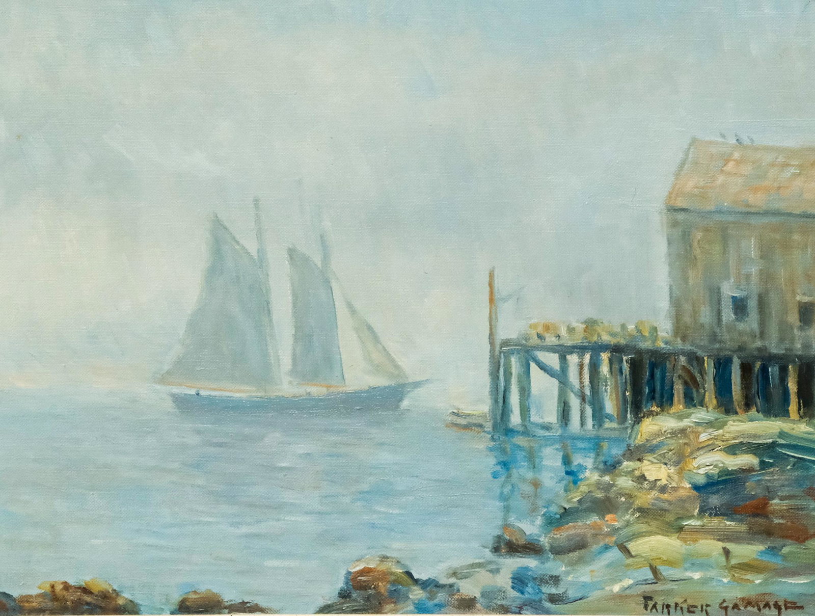 Parker Gamage, "Foggy Harbor": Parker Gamage (Maine, 1882-1960) oil on board depicting New Harbor, Maine, August 1958, housed in a period frame, signed l.r., signed and titled verso, 12" x 16" board, 16 1/2" x 20 1/2" framed.
