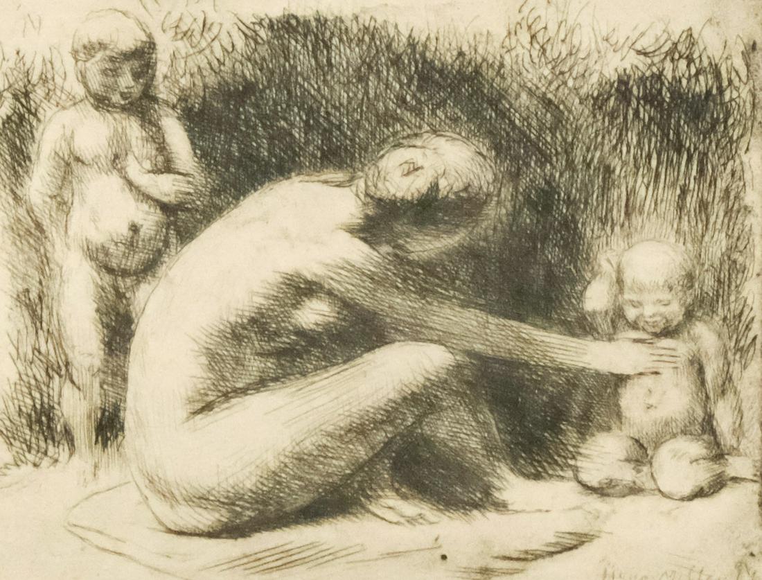 Kenneth Hayes Miller, "Play": Kenneth Hayes Miller (American 1876-1952), drypoint etching on paper depicting a nude woman with two children, also nude, housed in a black lacquer frame. Signed l.r. "Hayes Miller" in etching and aga