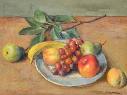 Robert Brackman, "Still Life #47": Robert Brackman (American, 1898-1980) oil on canvas still life of fruit, signed l.r., signed and titled verso, housed in a fine custom giltwood frame. Sight: 15 1/2" X 11 1/2". Overall: 23 1/2" X 19 3