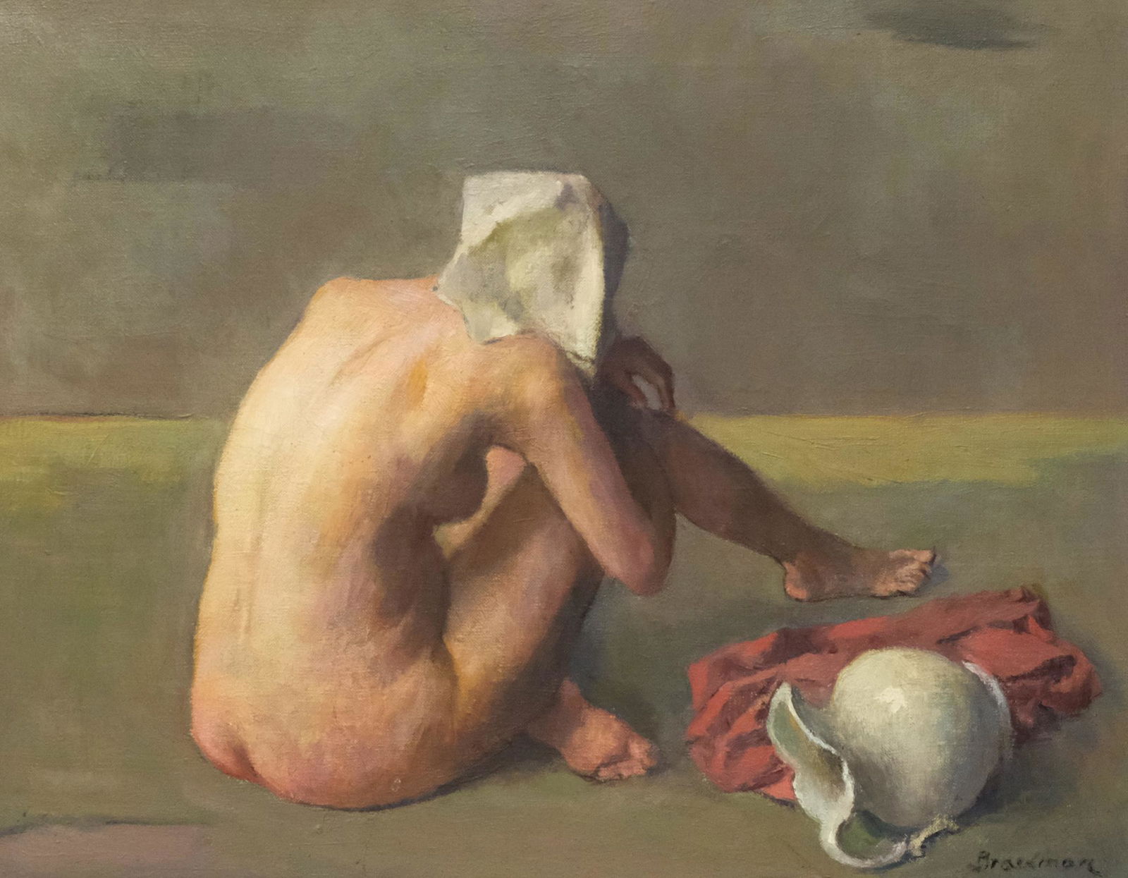 Robert Brackman, "In Leisure Time": Robert Brackman (American, 1898-1980) oil on canvas nude, signed l.r., signed and titled verso, housed in a fine custom giltwood frame. Sight: 15 1/2" X 14 3/4". Overall: 26 1/2" X 22 1/2".