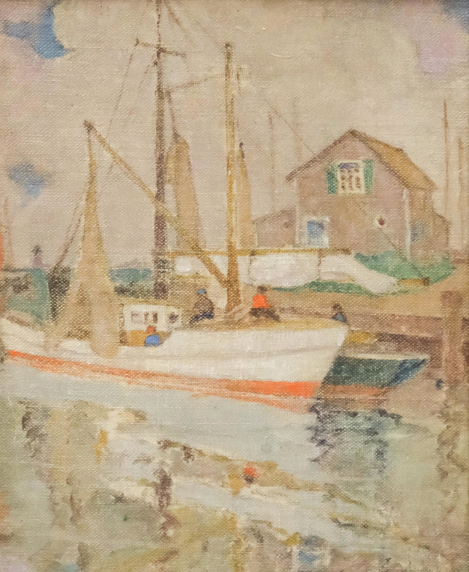 Kate Montague Hall, Dock Scene: Kate Montague Hall (California, Born 1874) oil on board depicting figures seated on a boat dockside, signed l.r., housed in a giltwood frame, 10" x 12" board, 15 1/2" x 17 1/2" framed. Hall was a resi