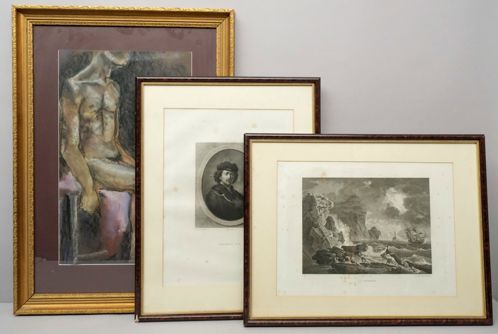 Pastel Together with Two 19th Century Engravings: Male nude pastel by Holly Lynne Dales in a giltwood frame and two engravings ("La TempÃªte"by Claude Joseph Verdet and "Rembrandt Portrait No. 11" by Frederick Smith) matted and framed as a set with