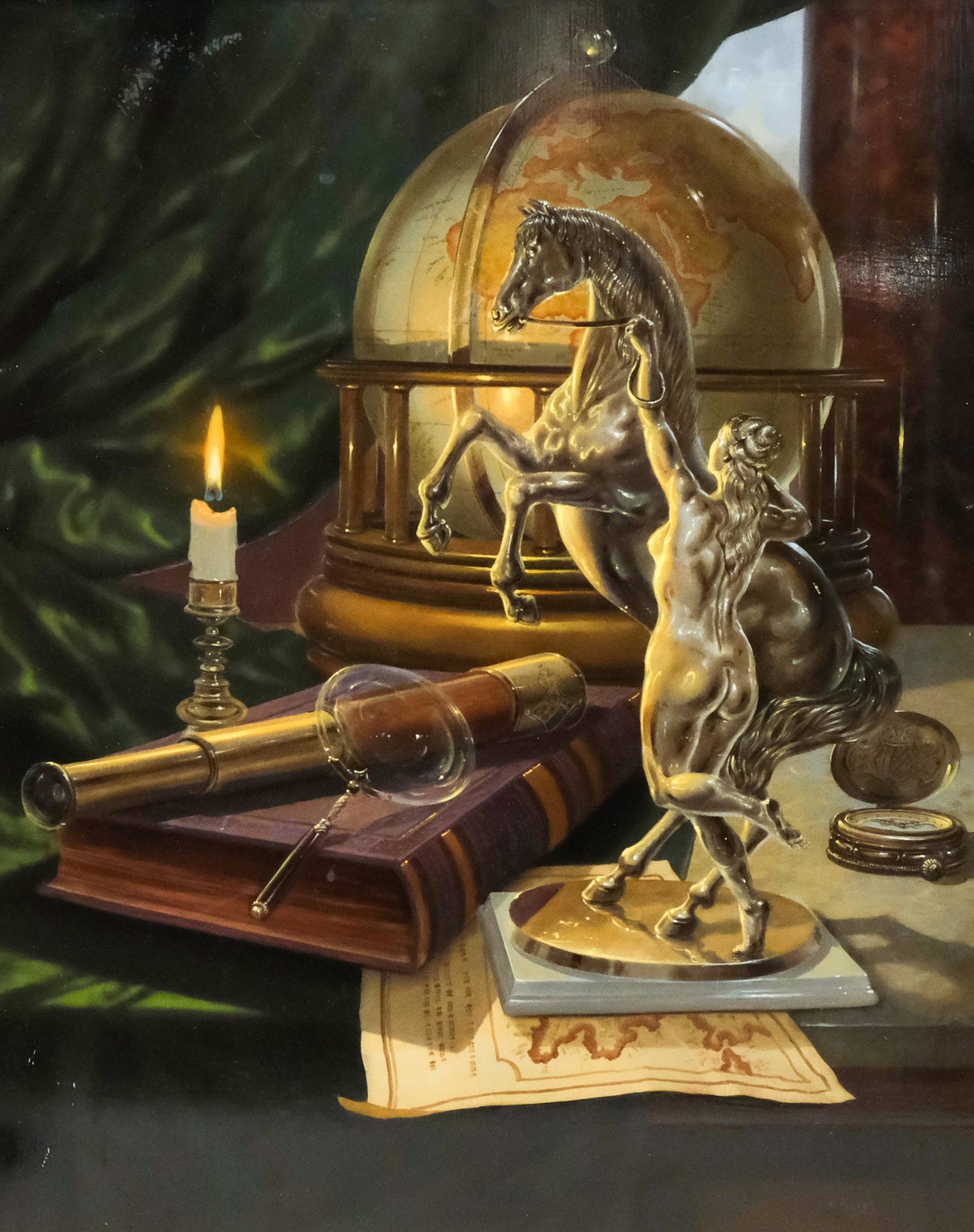 Gyula Boros, Still Life with Silver Statue: Gyula Boros (Hungary, Born 1950) oil on panel, signed l.r., gallery label verso, housed in a giltwood frame in the French taste, 15 3/4" x 19 3/4" panel, 22" X 26" framed.
