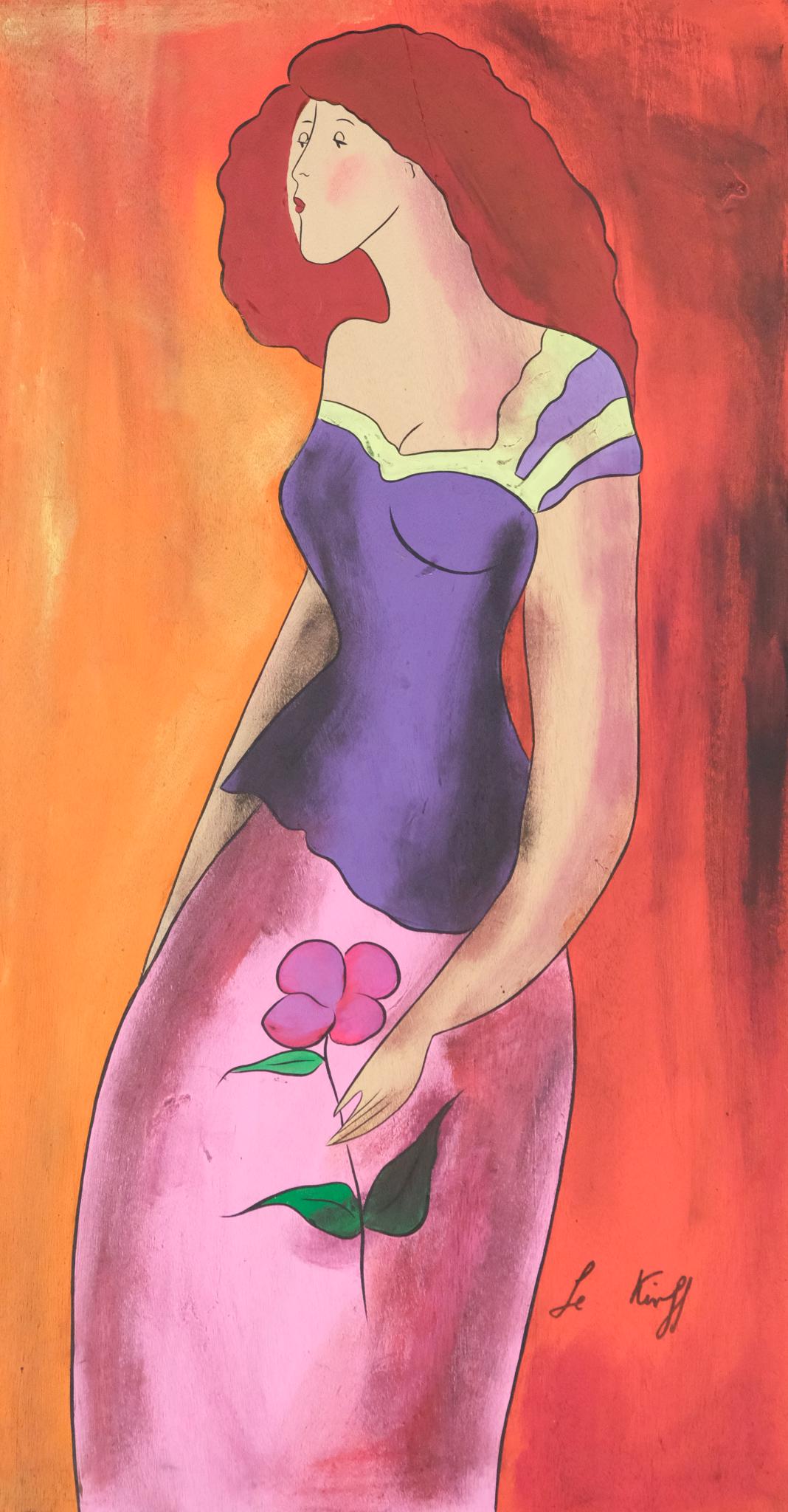 Linda Le Kinff, Woman in Purple Shirt: Linda Le Kinff (France, Born 1949) oil on board depicting an auburn-haired lady in a purple shirt and pink skirt with a flower. Signed l.r. "Le Kinff", measures 17 3/4" X 33 3/4".unframed. Proceeds fr