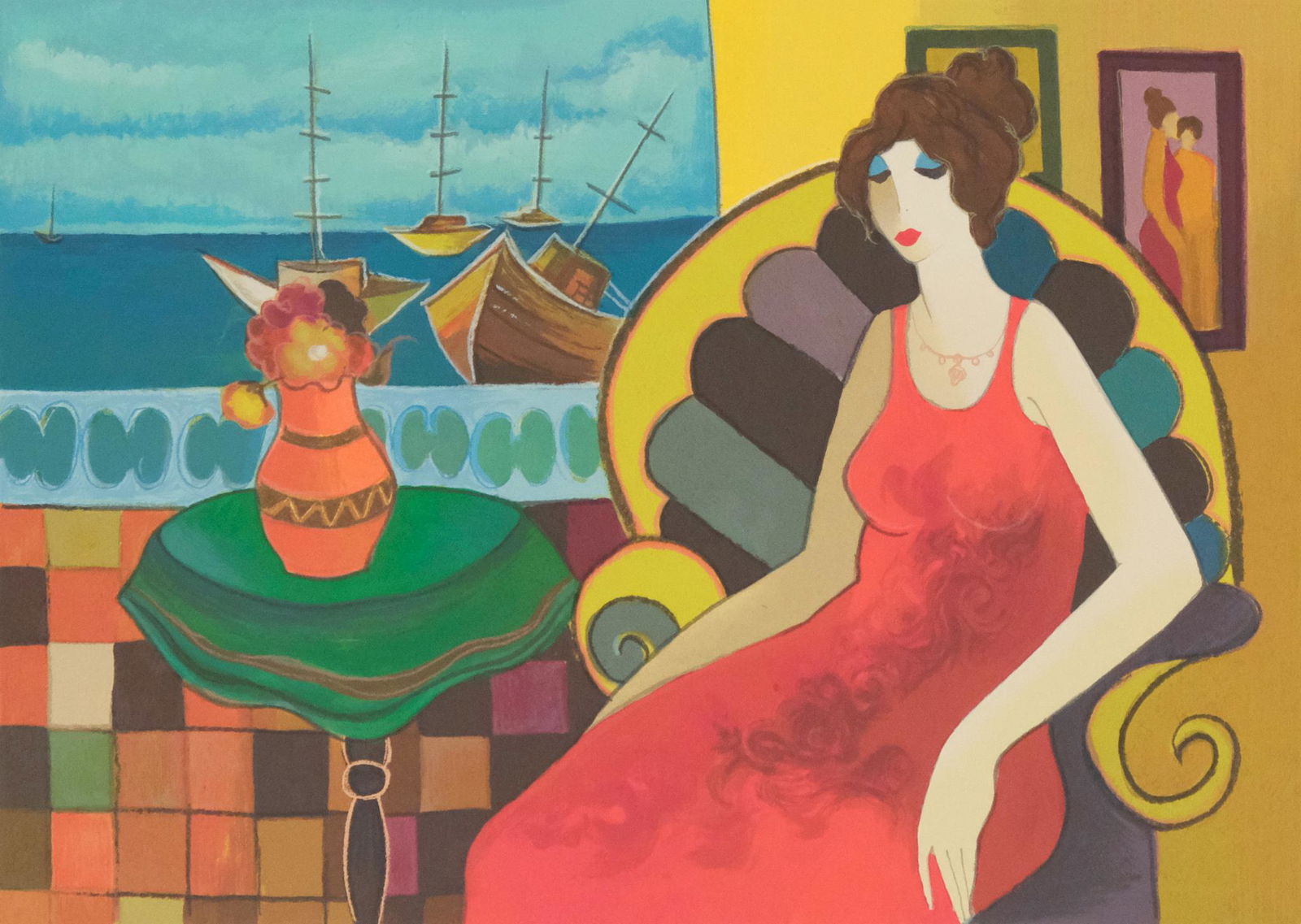 Itzchak Tarkay, Woman in a Red Dress with Ships (1 of 3)
