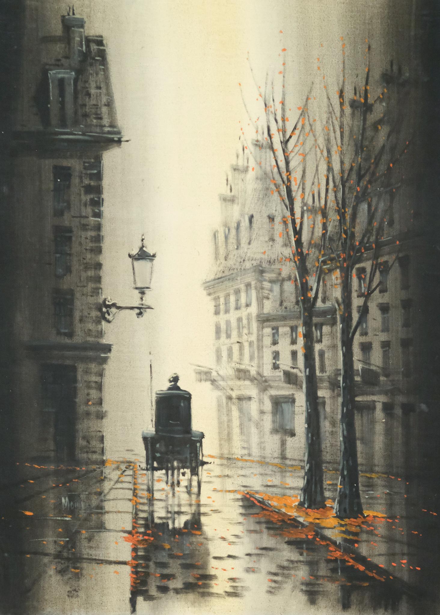 Rodolfo T. Monier, Evening Street Scene: Rodolfo T. Monier (Uruguay, b. 1930) oil on canvas depicting a turn-of-the-century horse-drawn carriage on a dark petal strewn street. Signed l.l. "Monier", measures 26" X 32", unframed. Proceeds from
