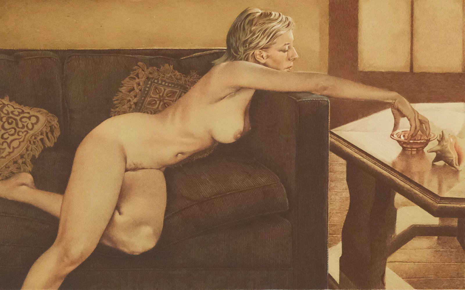 Merv Corning, Nude: Merv (Mervin Allen) Corning (American, 1926-2006) limited edition lithograph depicting an outstretched nude on a couch pencil signed l.r. "M Corning", numbered l.l. "68/300" image size 13" X 21", shee