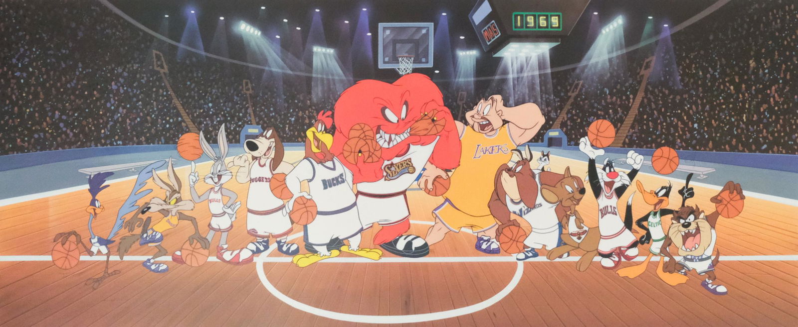 Robert McKimson Jr., "Slam Dunk": Robert McKimson Jr(American, 1938) limited edition serigraph. This is an original Looney Tunes Animation print that features the NBA teams and is an Official Licensed Product. pen signed l.r. "Robert