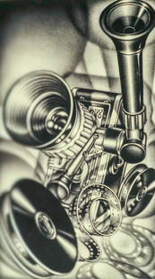 Carol Wax, "Cinematic": Carol Wax (American, 1953) Mezzotint of a Palliard-Bolex movie camera made for the Albany Print Club. Numbered l.l. "140/160", titled center "Cinematic", signed and dated l.r. "Wax '02". 6" X 10" imag