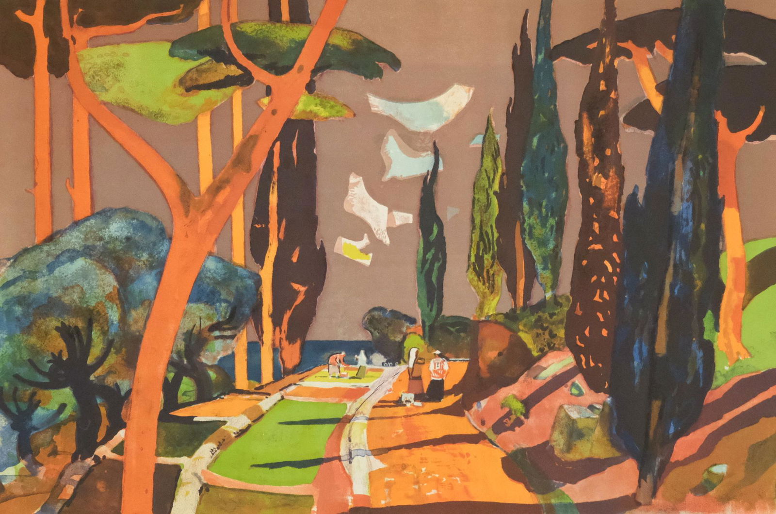 Millard Sheets, "Field": Millard Owen Sheets (American,1907 - 1989) limited edition color lithograph depicting a bevy of women gathered in a field. Pencil signed l.r. "Millard Sheets", numbered "55/250", image size 20 1/2" X