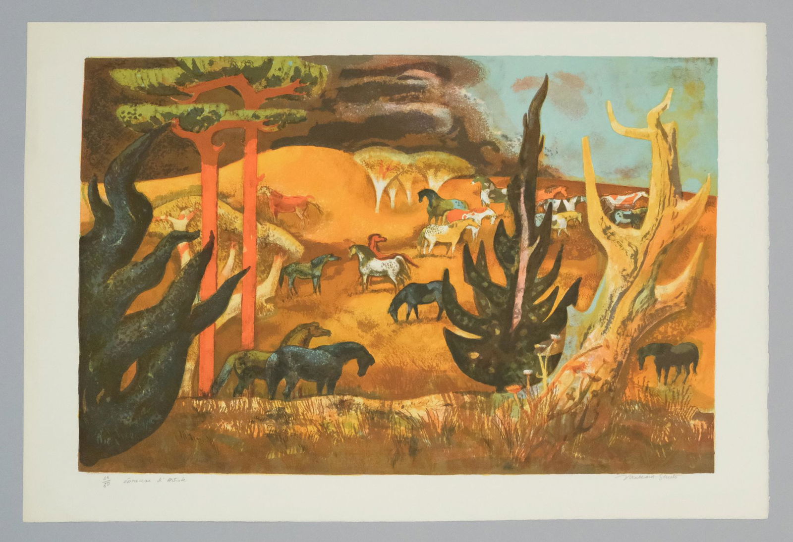 Millard Sheets, Horses: Millard Owen Sheets (American,1907 - 1989) Artist proof color lithograph depicting horses on a hill, Pencil signed l.r. "Millard Sheets" numbered l.l. "25/50 epreuve d'Artiste" image size 20" X 30", s