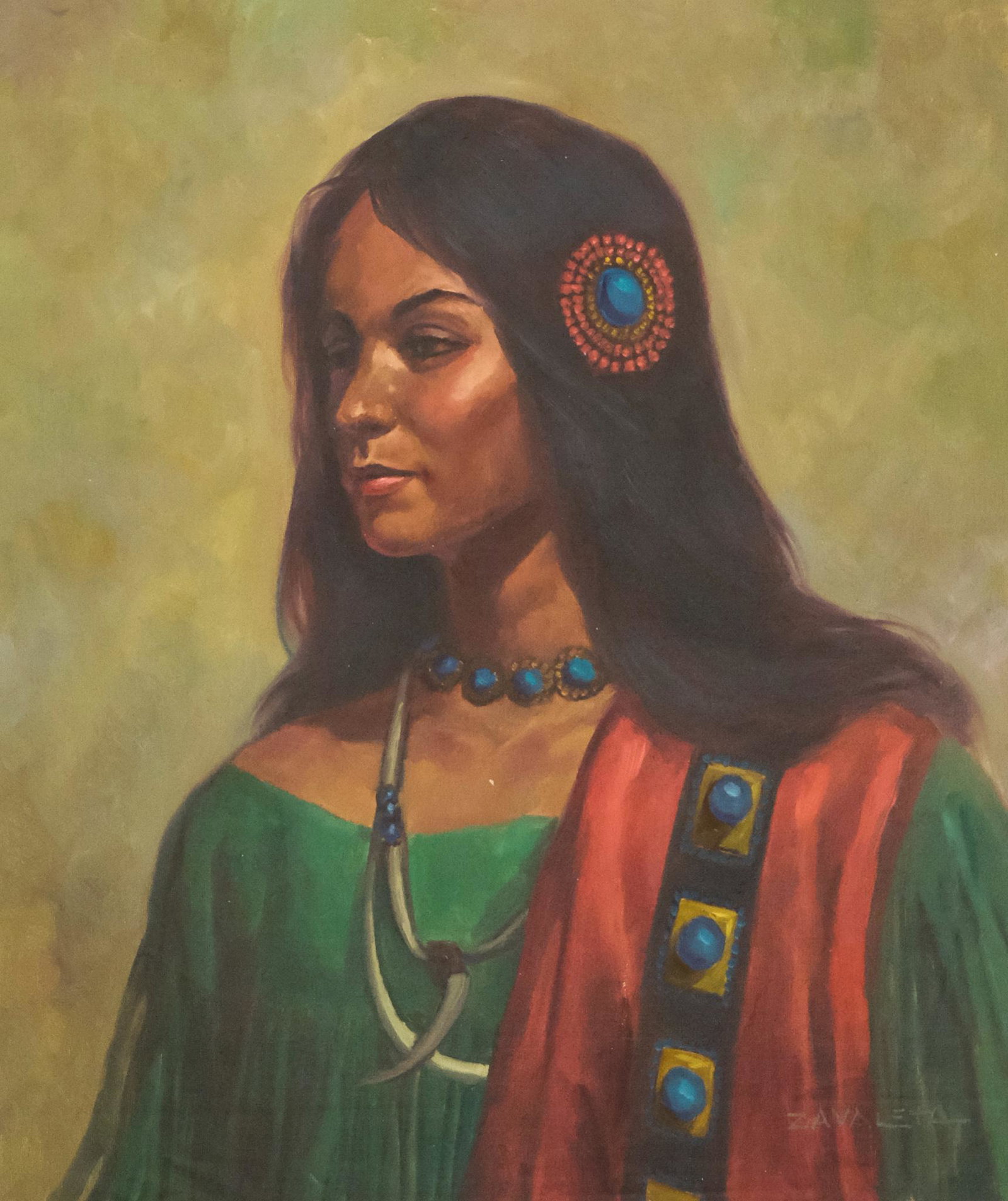 Severo Zavaleta, Native American Maiden: Severo Enrico Zavaleta (Born 1932, Bolivia) oil on canvas depicting a Native American maiden with a turquoise choker necklace and fancy hair ornament, signed l.r. "Zavaleta" image size 21" X 24 1/2", 