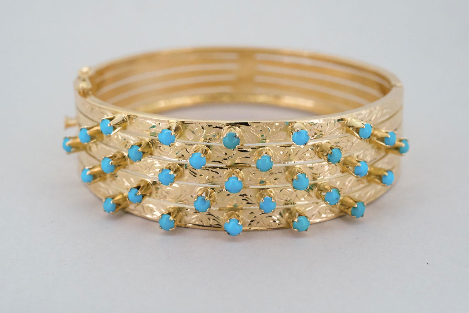 18K Gold Turquoise Studded Hinged Bangle (1 of 5)