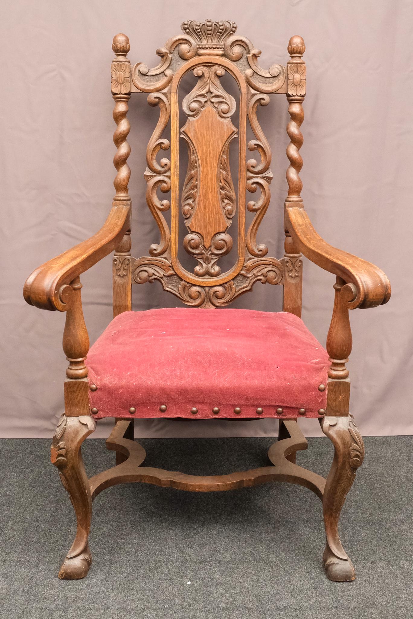 Regal Oak Renaissance Style Carved Armchair: Regal oak Renaissance style carved armchair with ball & claw feet. Measuring: 24" x 27" x 46" tall