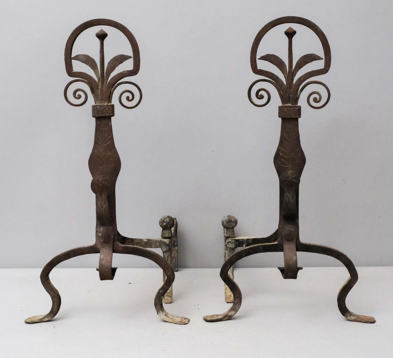 Antique Engraved Wrought Arts & Crafts Andirons (1 of 6)