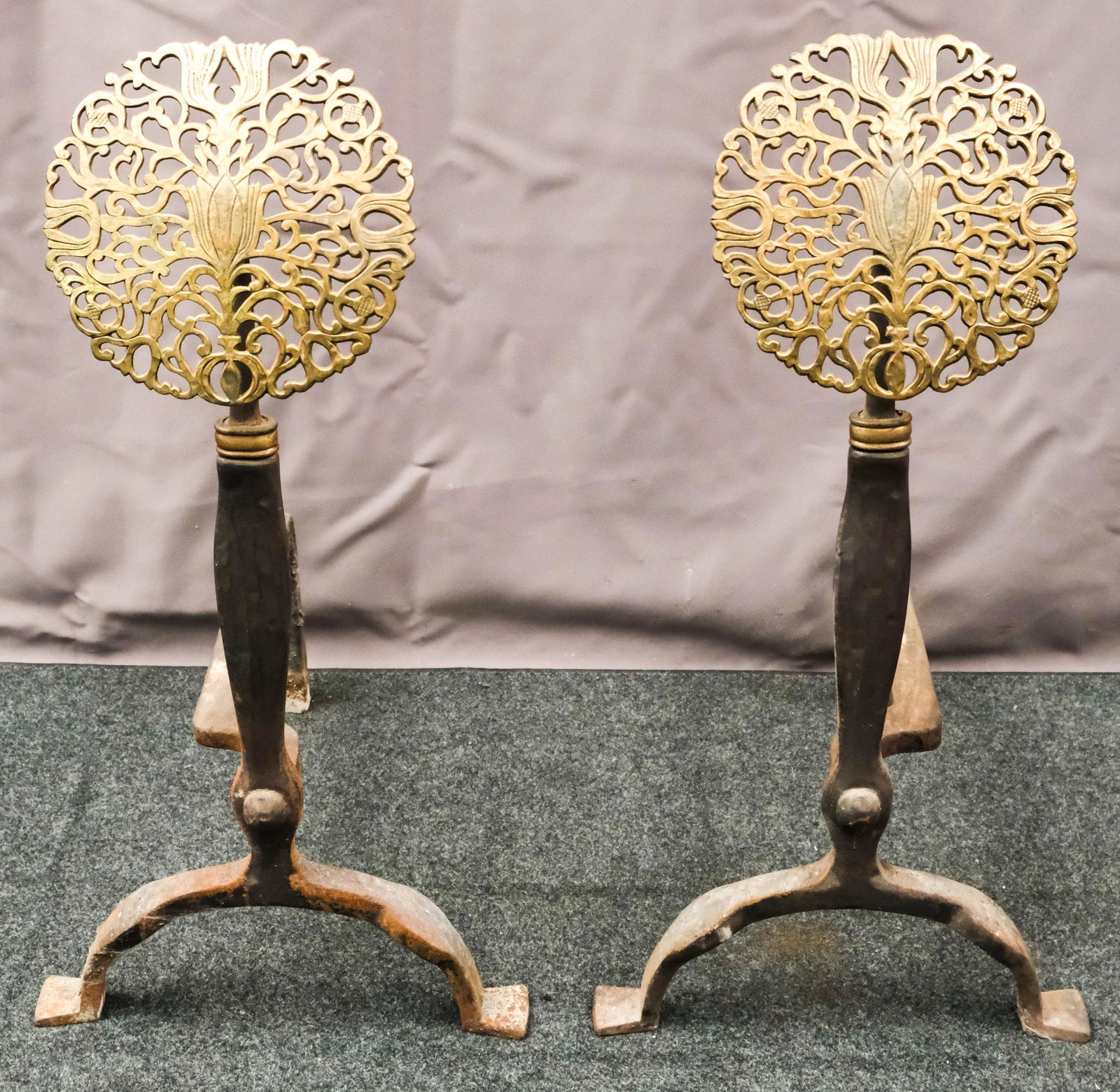 Pair Antique Art Nouveau Iron and Brass Andirons (1 of 4)