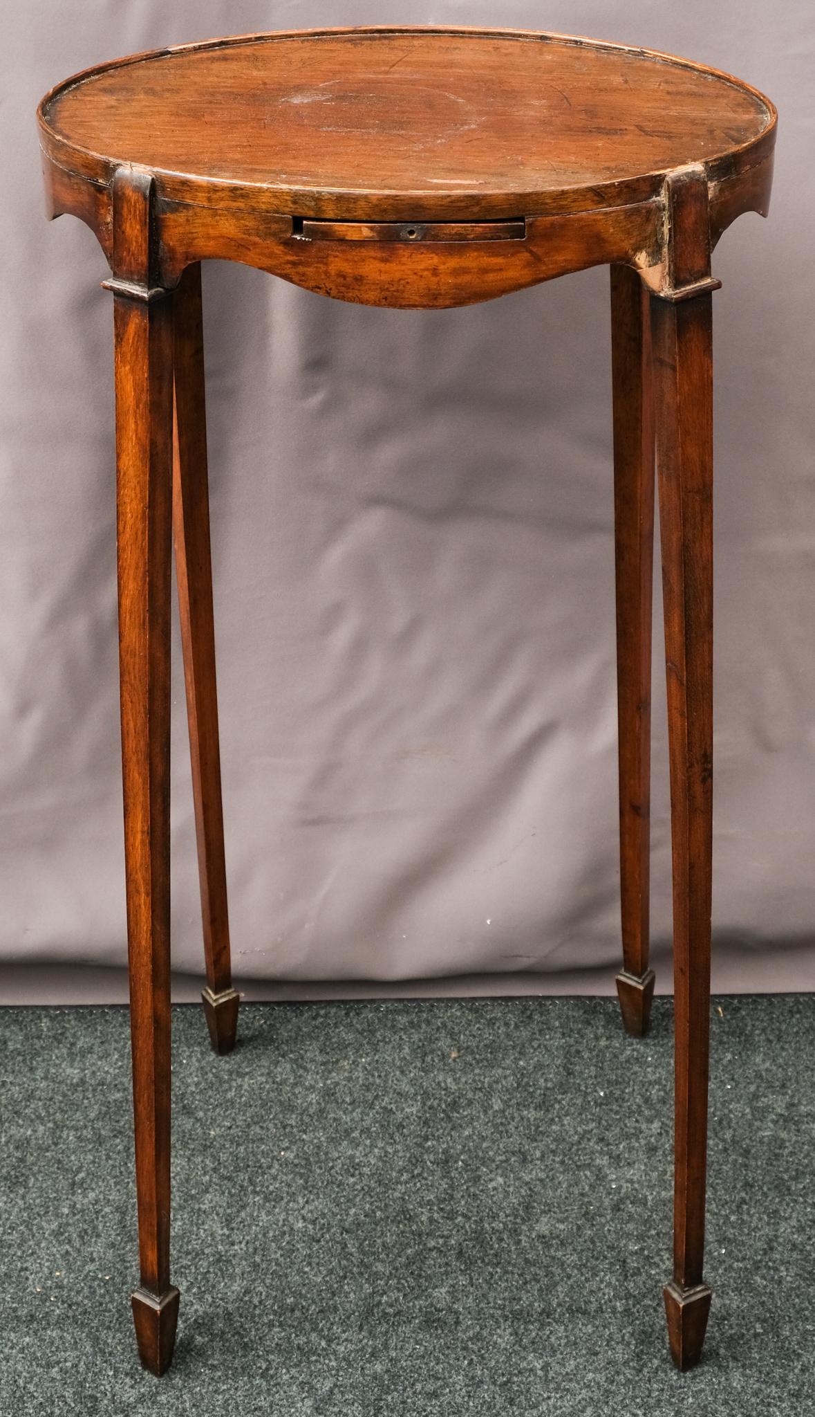 Delicate Mahogany Calling Card Table: Delicate mahogany single-drawer calling card table. Measures 11 1/4" X 12 1/4" X 29".