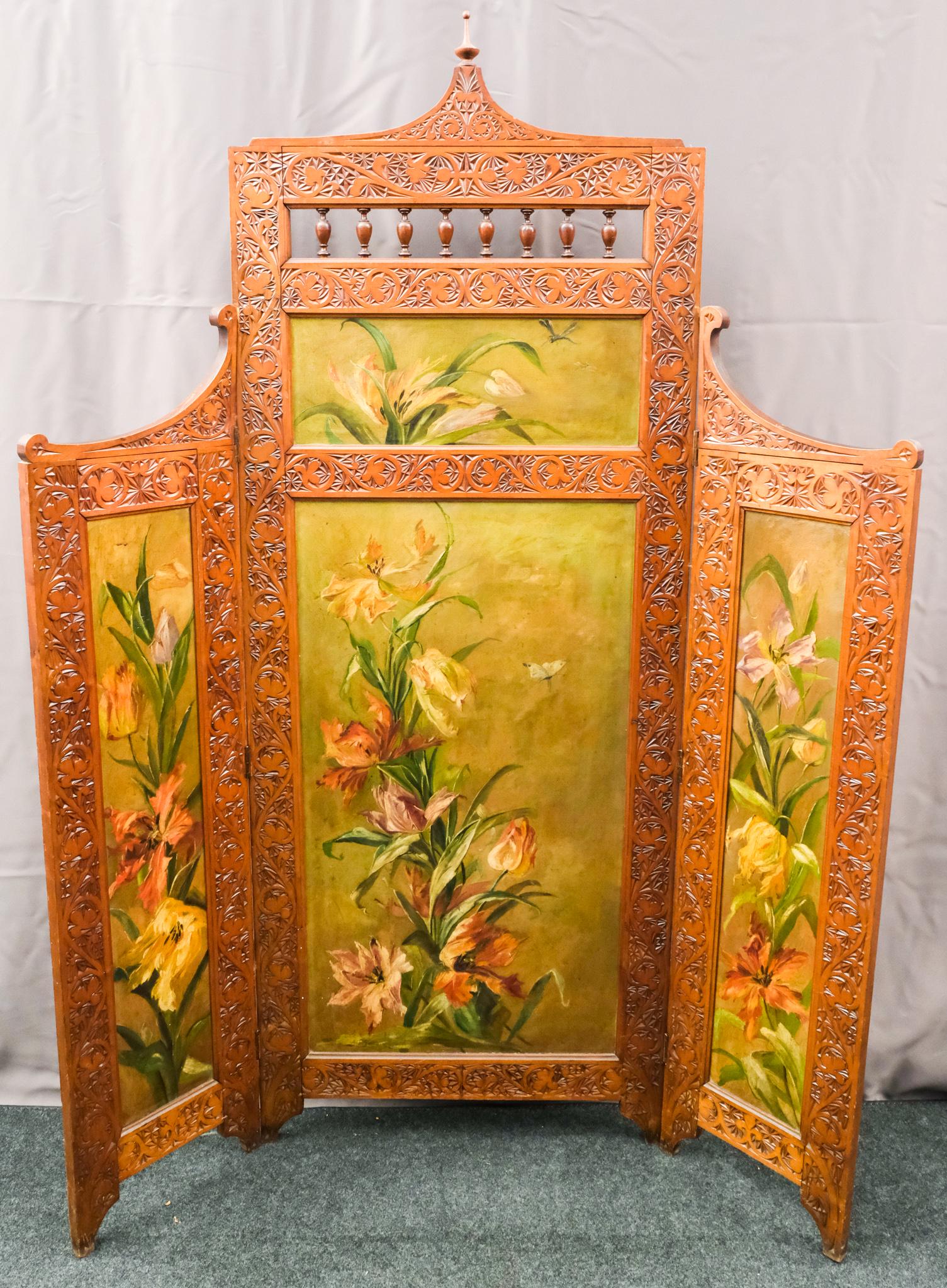 Antique Hand Painted Flower Folding Screen (1 of 5)