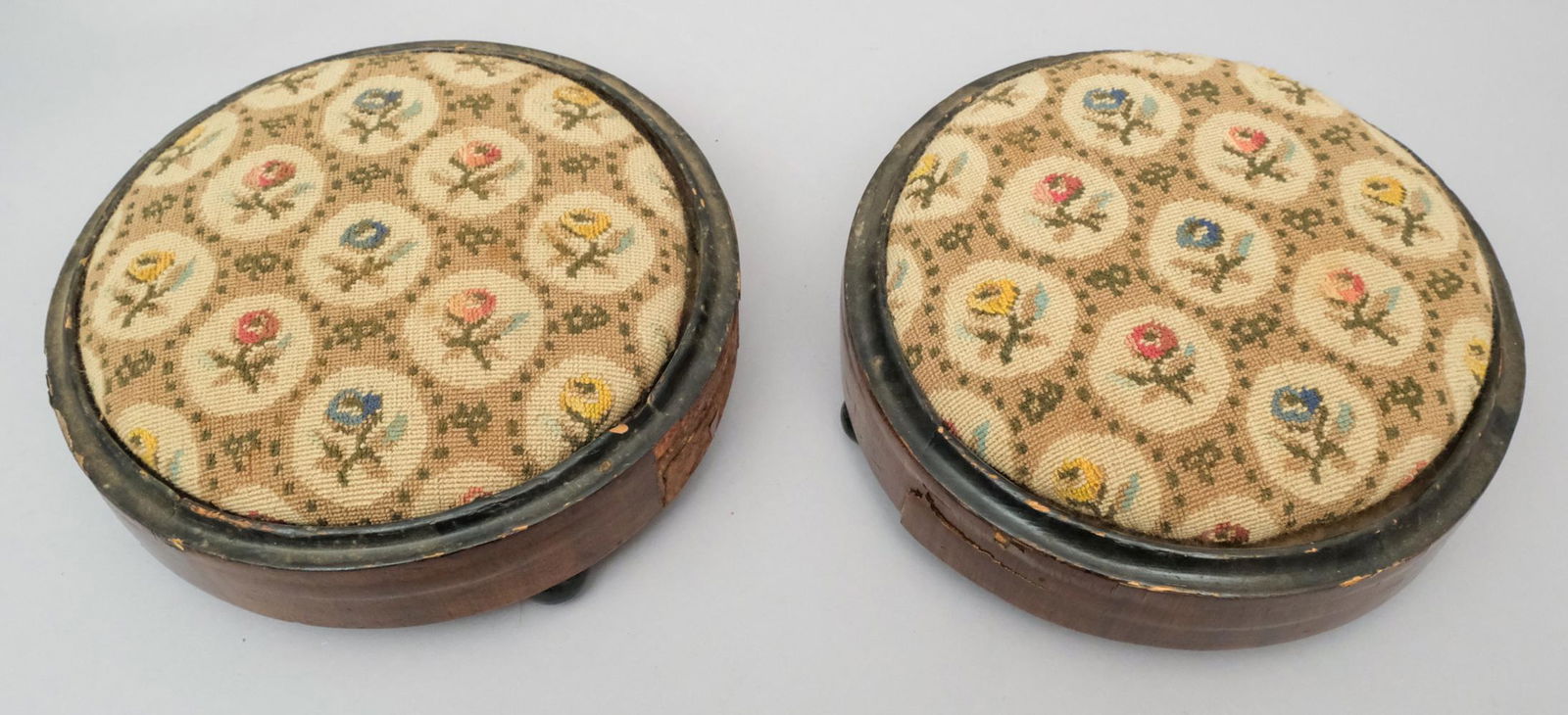 Pair Antique Needlepoint Upholstered Footstools (1 of 8)