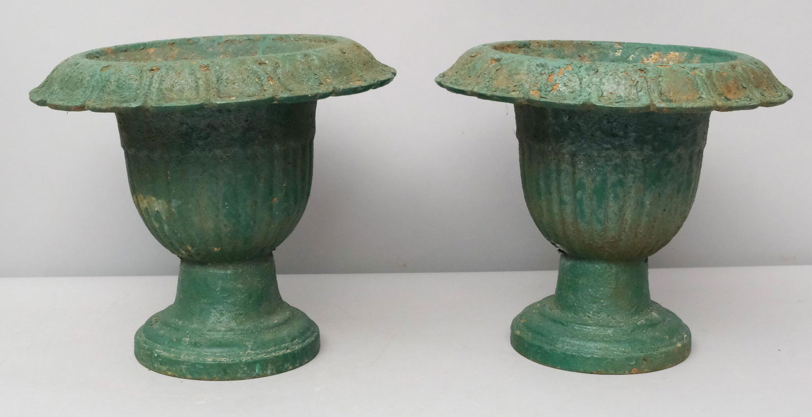 Pair 19th C Cast Iron Urns in Old Green (1 of 9)