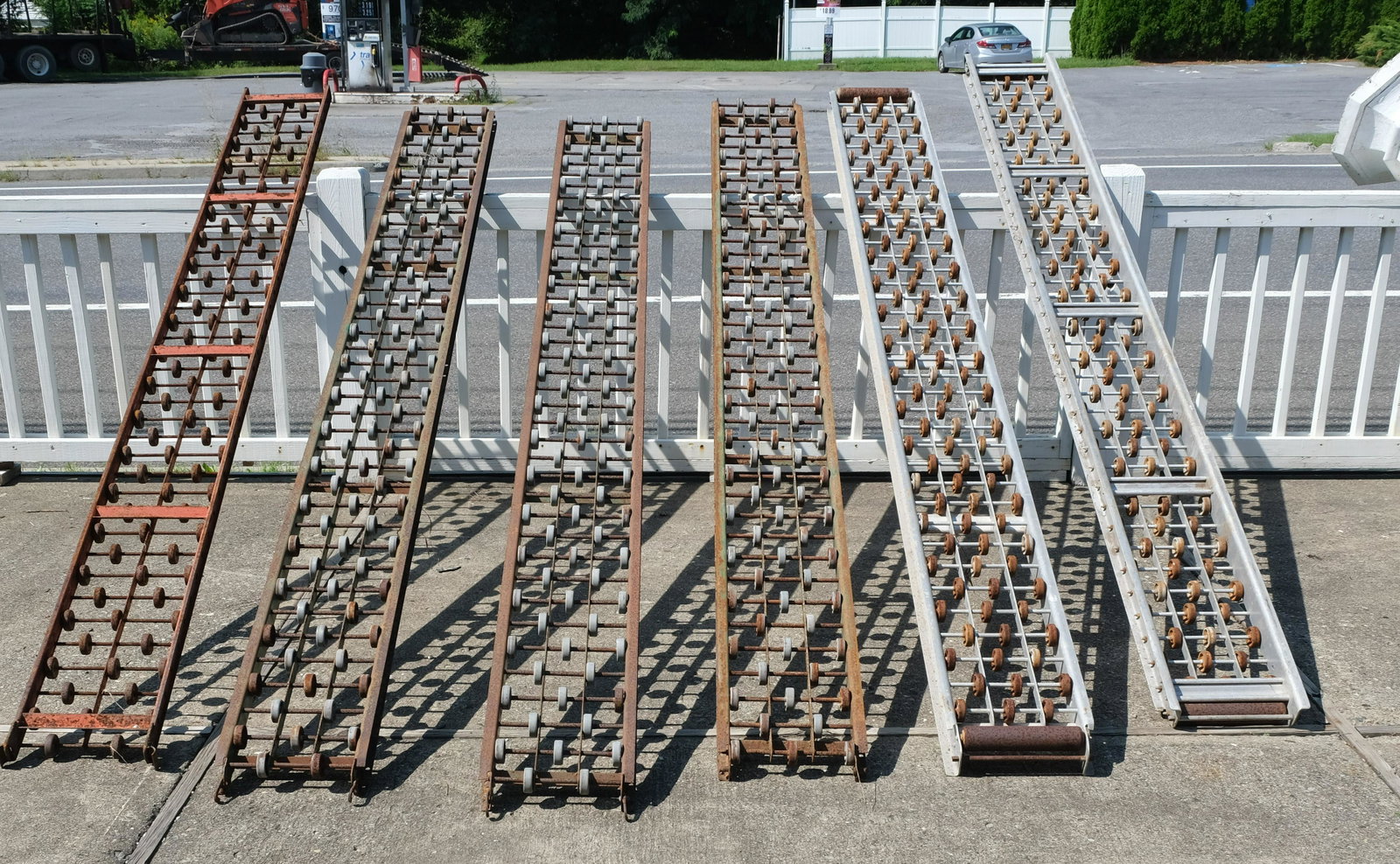 Lot of Six Vintage Box Roller Conveyers: In old paint. Still Rolling. 121" long, 12 1/4" across, 3 1/4" deep.