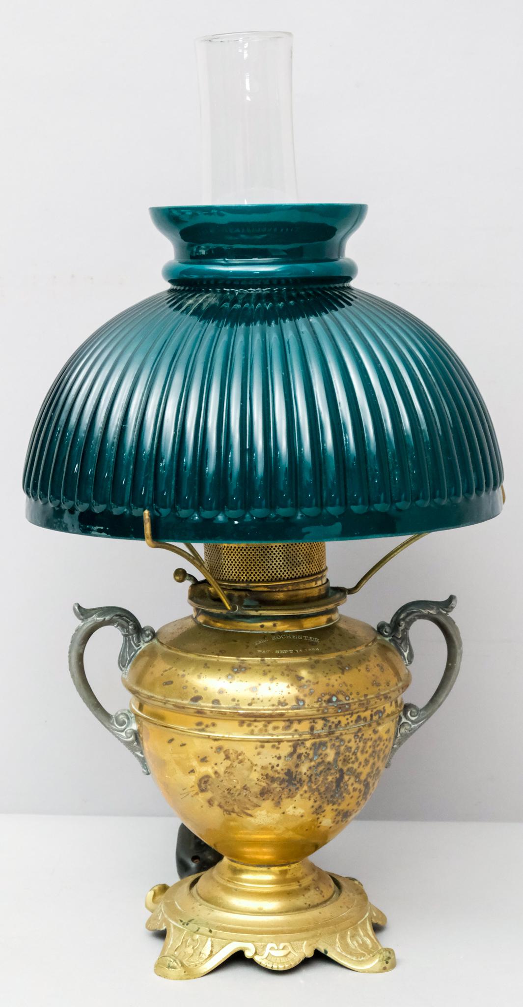 Antique Brass Lamp with Green Glass Shade (1 of 7)