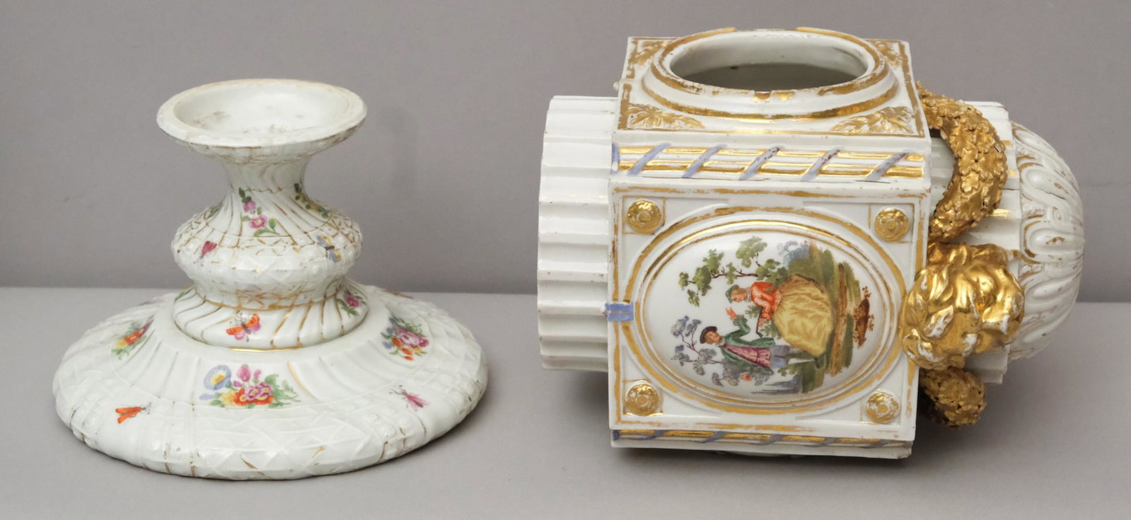 Antique Porcelain Meissen Clock Body: Gilded and with romantic scenes, flora, etc. Top measures 5" X 6" X 8", base measures 6 1/4" X 4 1/4".