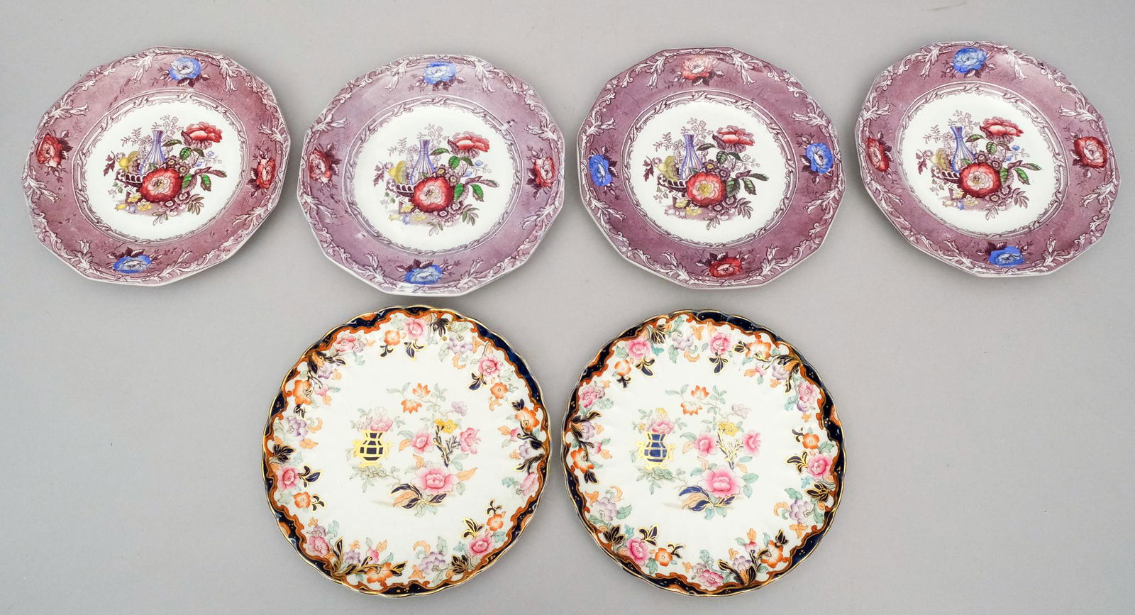 4 Mulberry Ironstone plates & 2 Simlay Plates: The Simlay in an Imari enhanced pattern, the Mulberry plates with polychrome floral decoration, marked "Wooliscroft". 8 1/4" and 8 1/2".