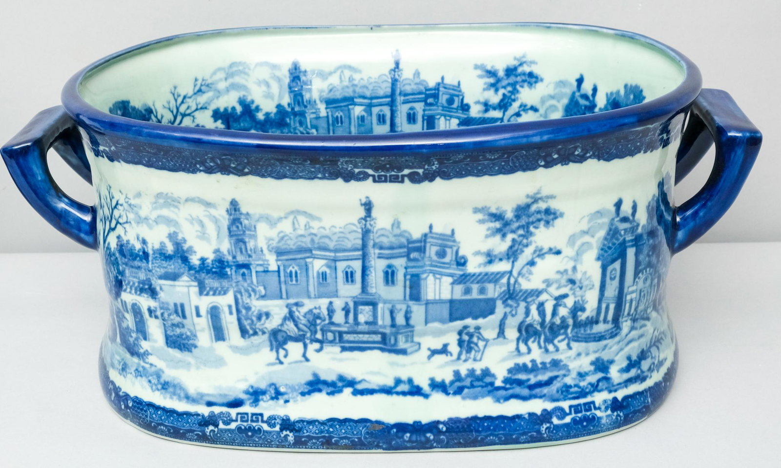 Victoria Ware Ironstone Wine Cooler Tub: Victoria Ware Ironstone large wine cooler tub, Staffordshire blue and white, underside bears makers mark. Measures 12 1/2" X 20" X 8 1/4".