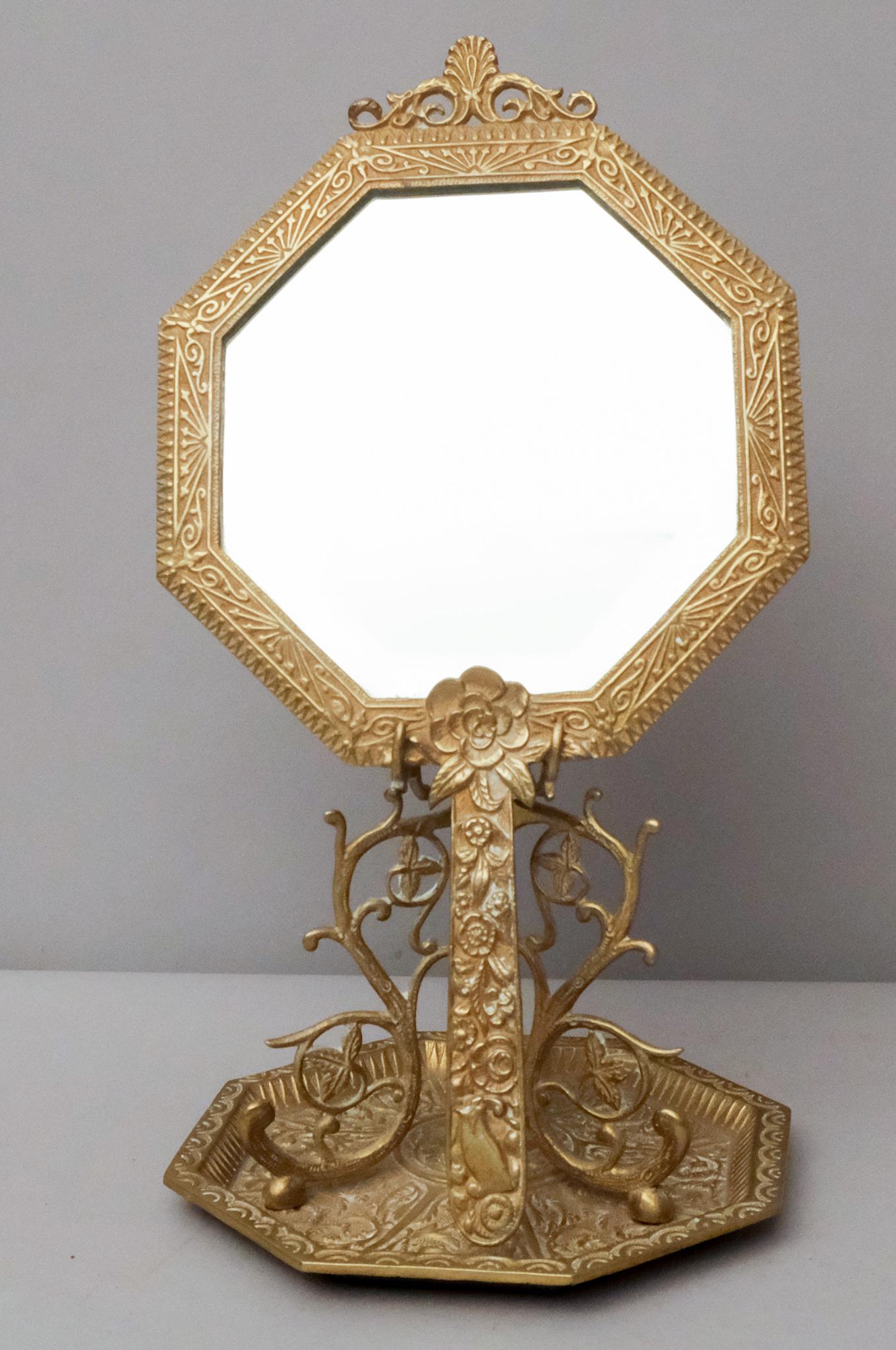 Cast Brass Beveled Glass Dressing Mirror and Stand (1 of 12)