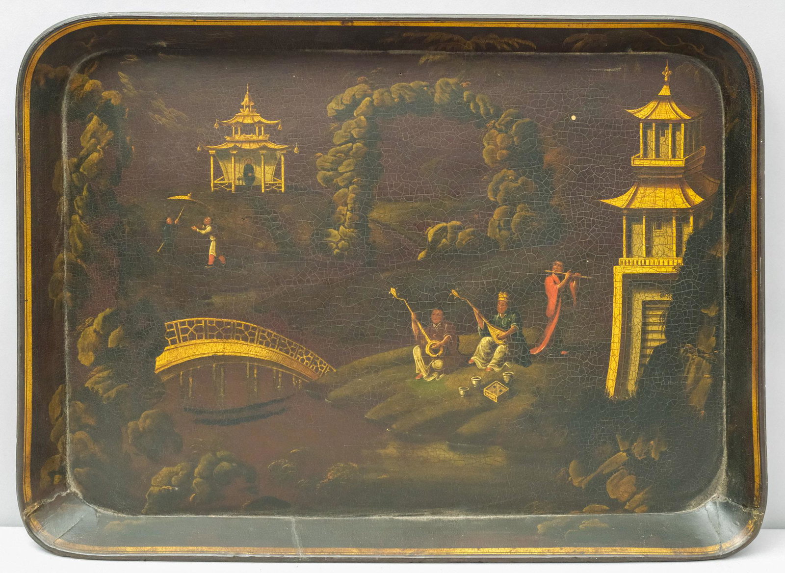 Large Japanesque Paper Mache Tray: With golden pagodas and musicians. 22" x 30 1/2".