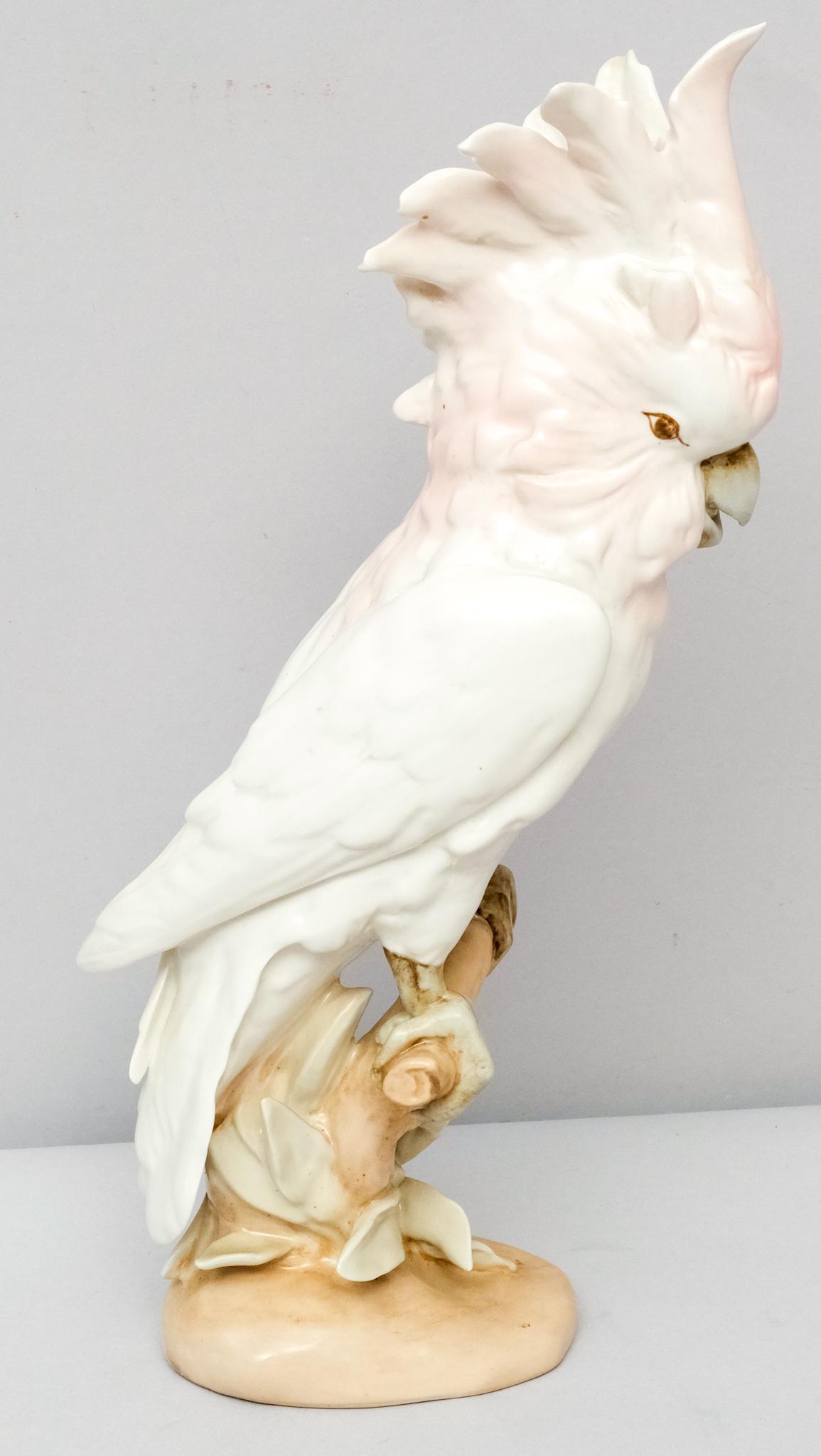 Large Royal Dux Porcelain Cockatiel Figurine: With delicate shell pink feathers, pleasingly perched. Marked as shown. 14 3/4".