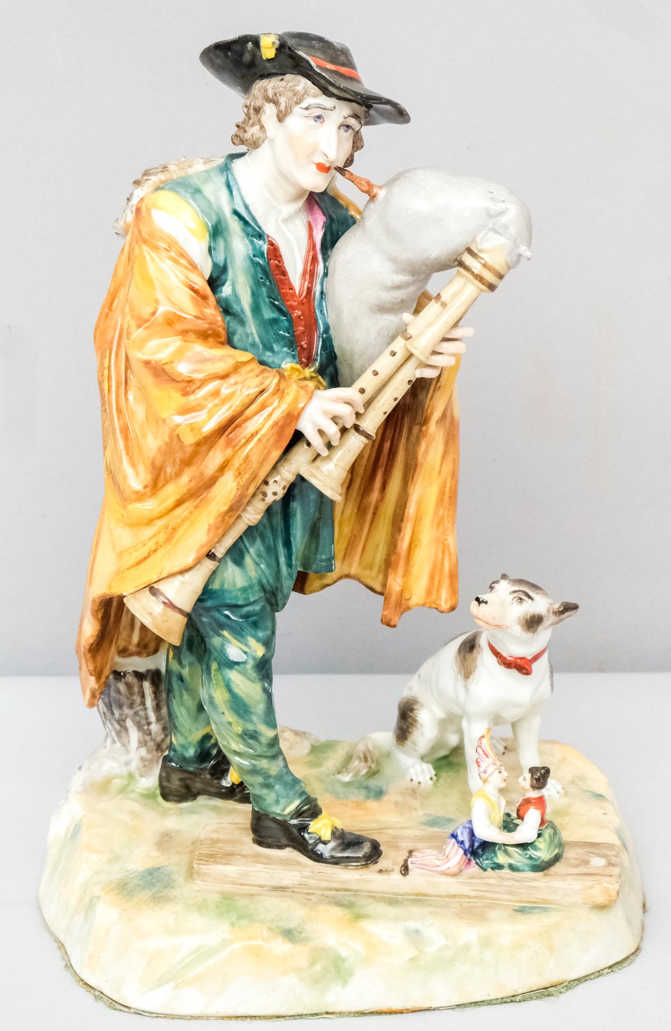 Potschappel or Capodimonte Porcelain Figurine: Depicting a bagpiper playing to his dog and two tiny people. Marked as shown. 4" x 6" x 9".