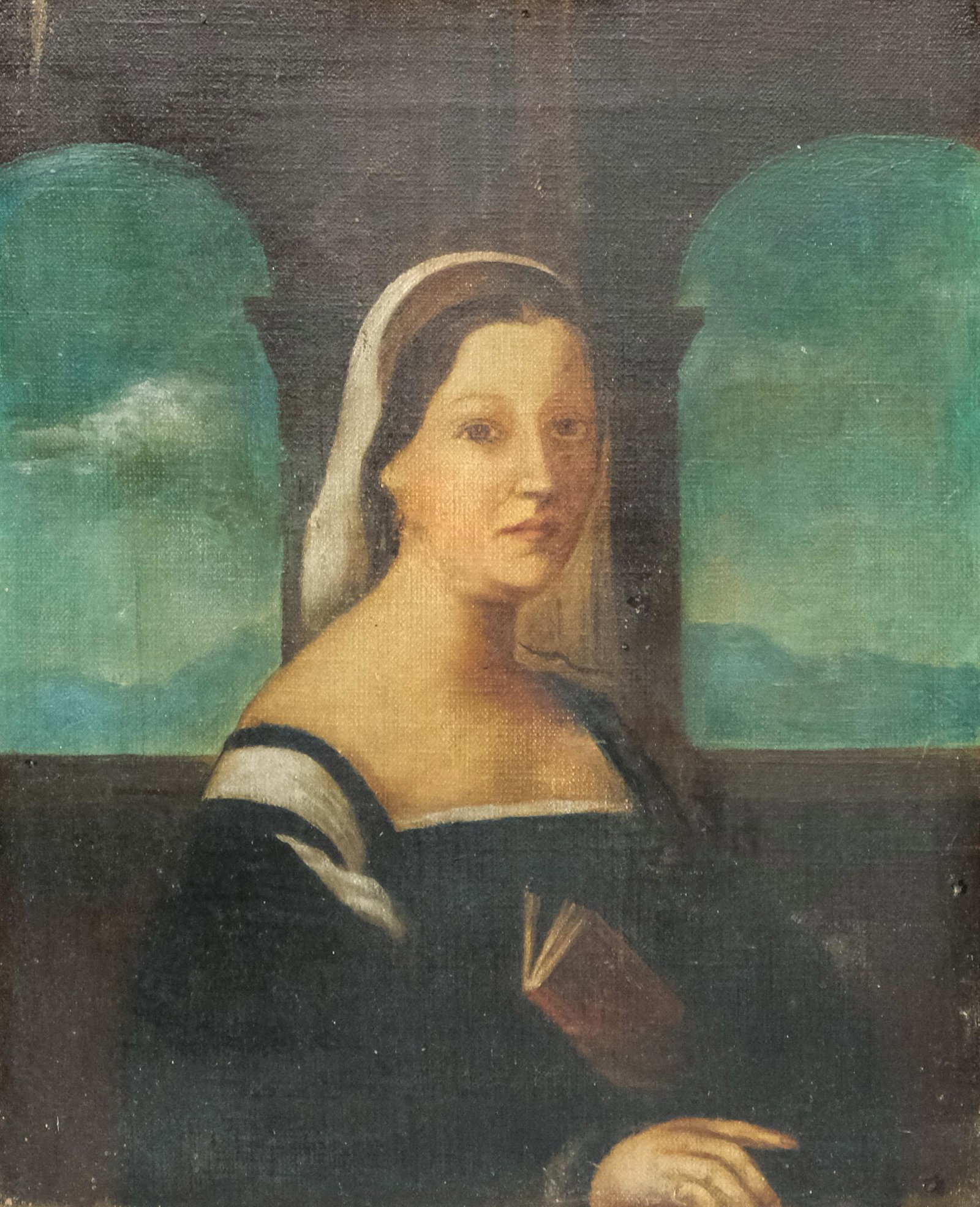 Italian School, Portrait of a Woman: Italian school, 19th century oil on canvas depicting a seated woman between two arched windows, 9" x 11" canvas,14 1/2" x 16 1/2" framed.