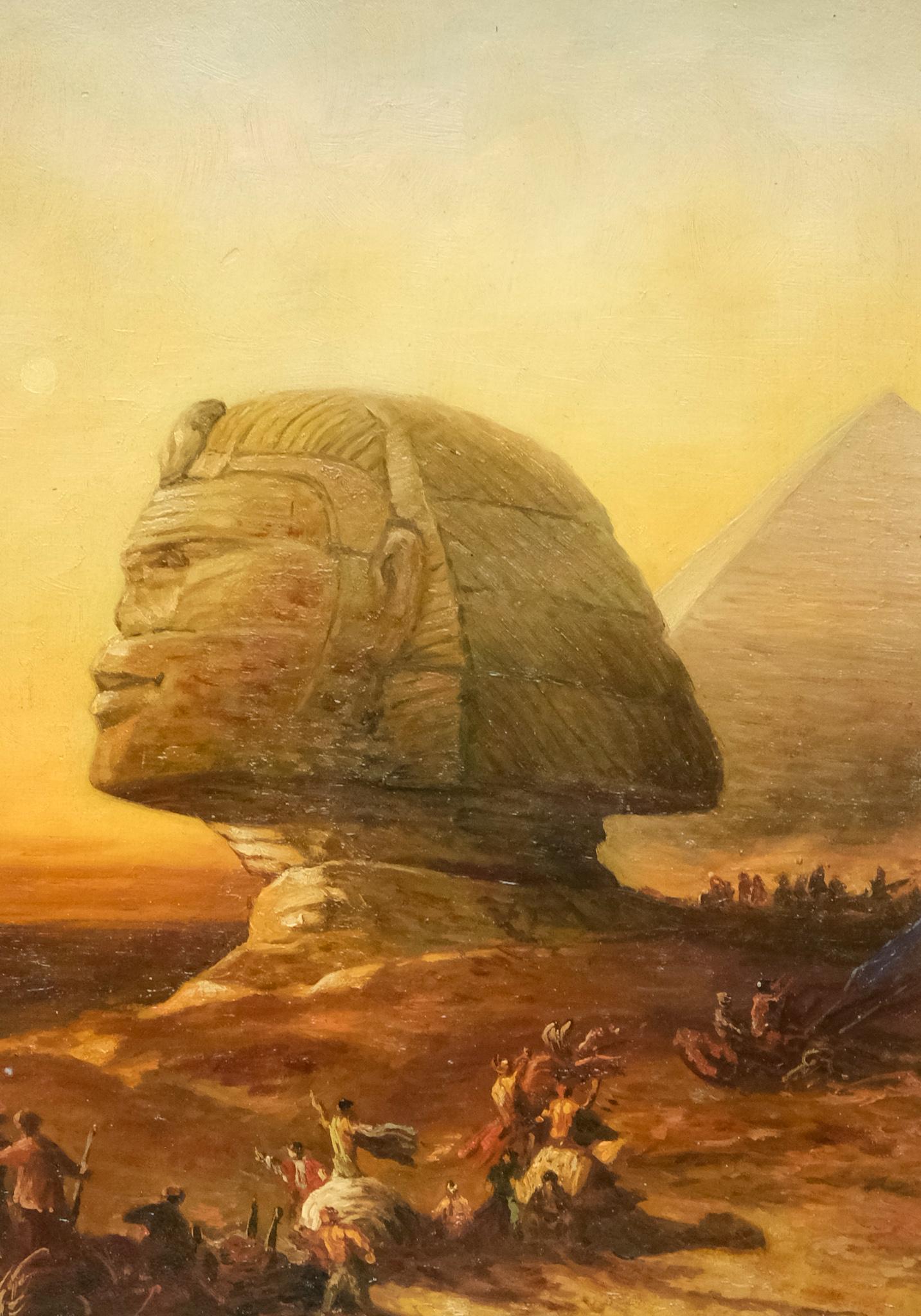 After David Roberts, "The Sphinx at Giza": David Roberts (Scottish, born 1796), 19th century oil on academy board featuring about half of Roberts' original piece, depicting the Sphinx's profile against a sunset and distant pyramid, housed in a