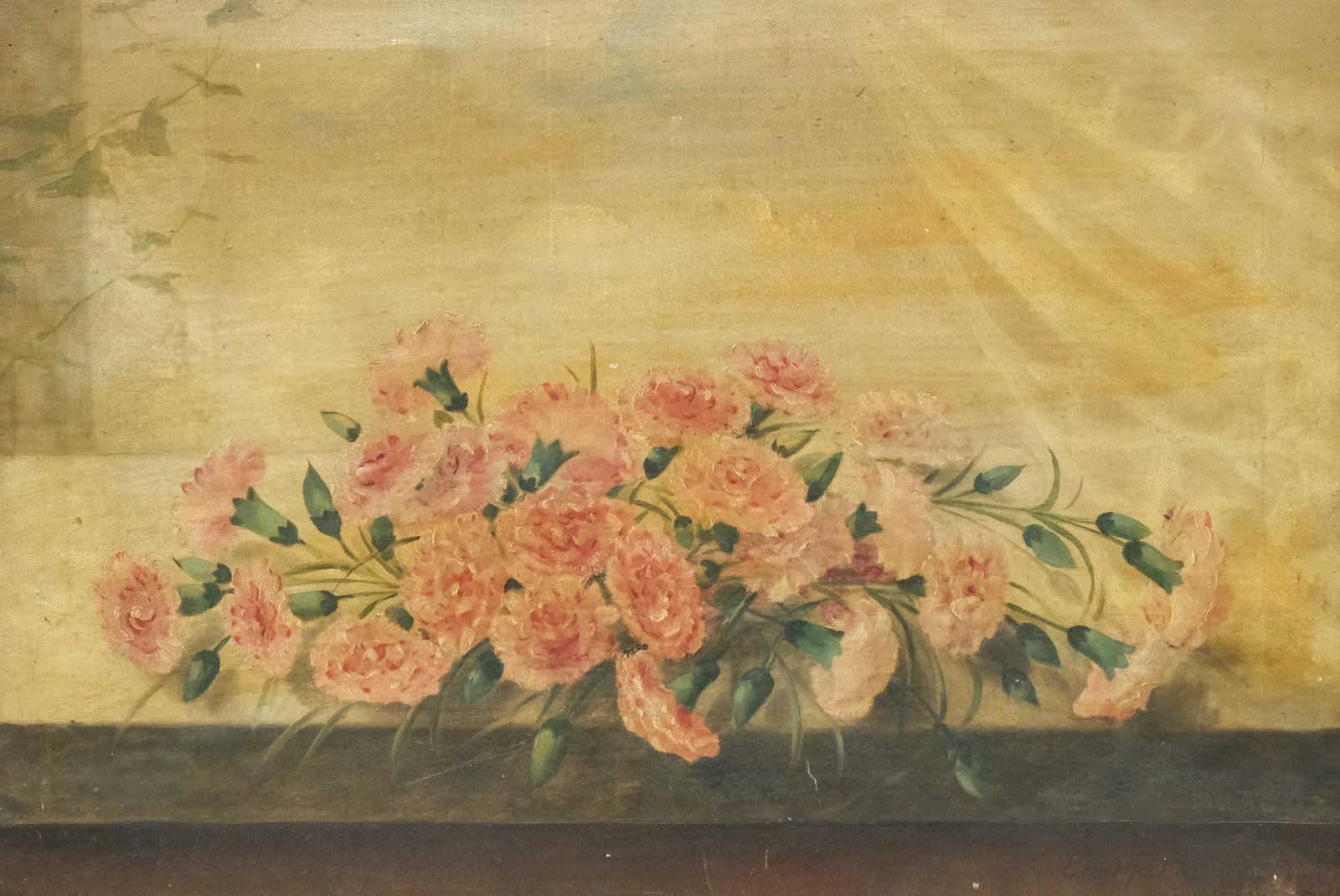 American School, Still Life with Carnations: American, ca. 1860, oil on canvas depicting a pile of carnations at the edge of a table, against a beige background, signed "Leonhard" l.r., 14" x 20" canvas, 17 1/4" x 23 1/2" framed.