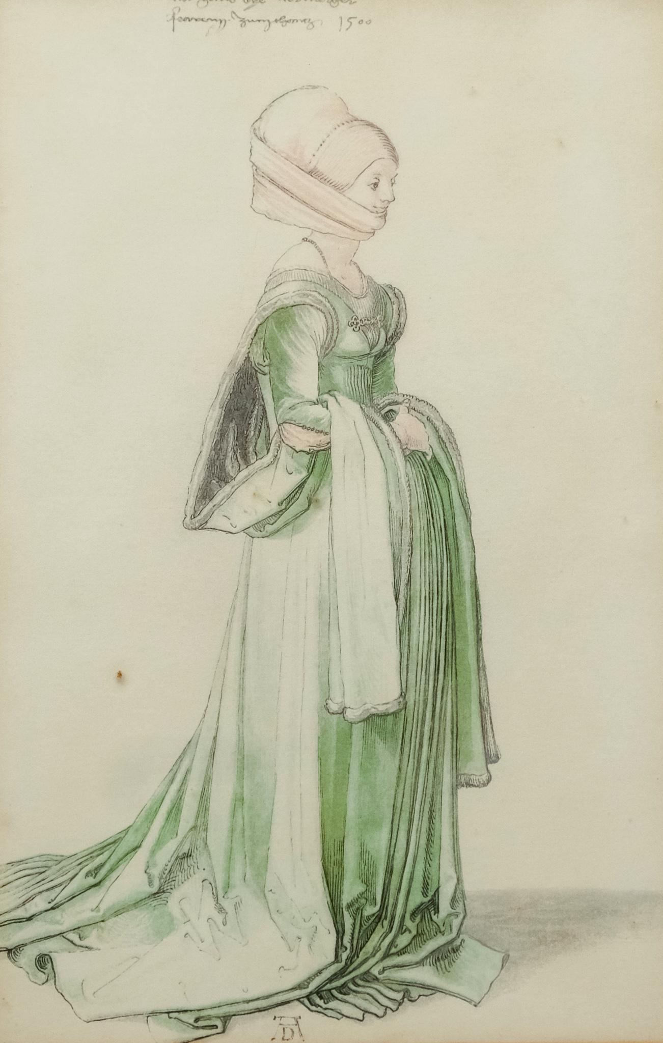 Albrecht Durer, Woman of Nuremberg: Albrecht Durer (German, 1471-1528), 1500 illustration of a Nuremberg woman dressed for a stately ball in a green dancing dress and pink headpiece, signed in the bottom center, printed early 20th centu