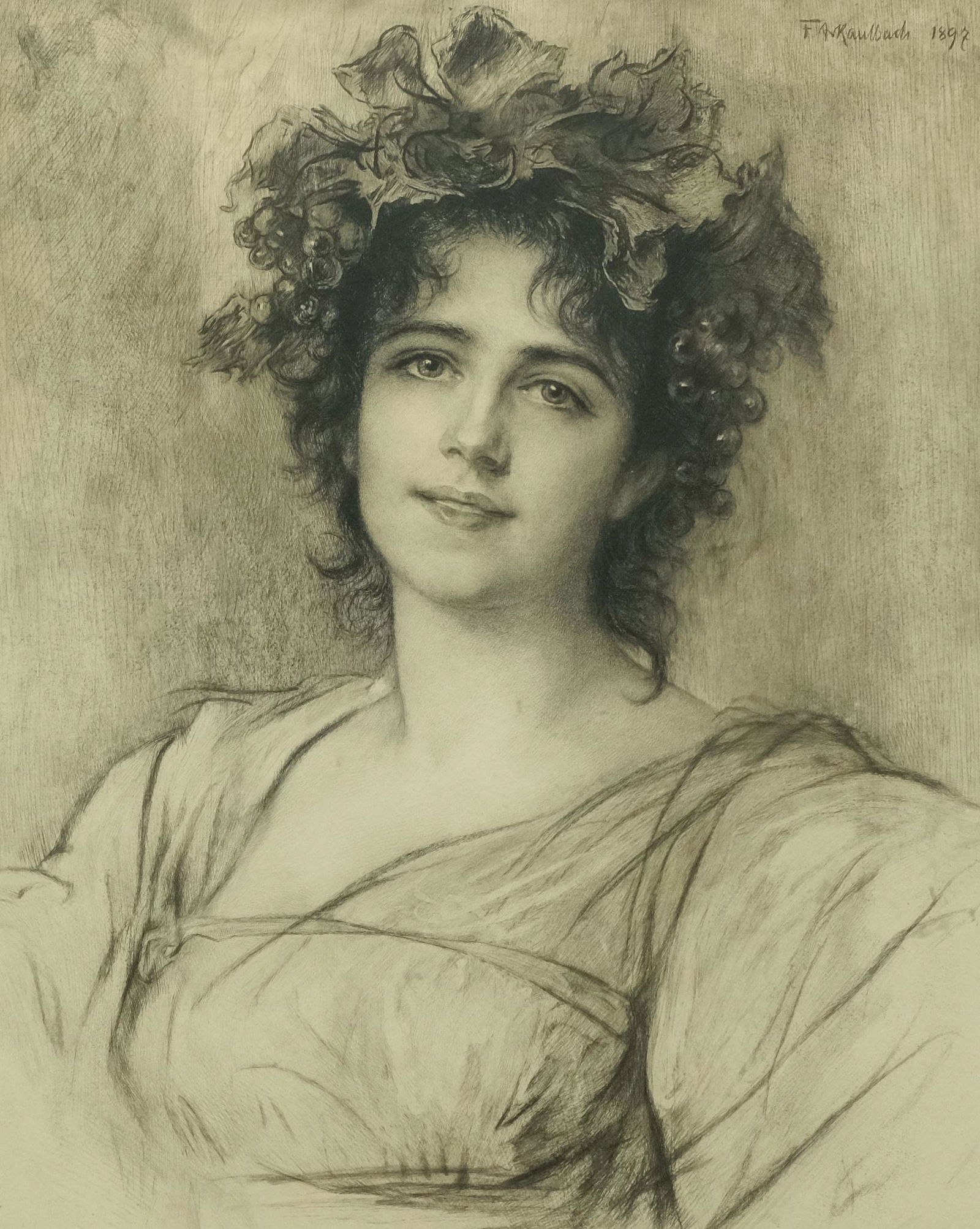 Friedrich A. von Kaulbach, "Hebe": Friedrich August von Kaulbach (German, 1850-1920), etching from 1897-98 of a young woman, identified as "Hebe" in the lower right corner, adorned in a wreath of grapes, signed "F. Kaulbach 1897" u.r.,