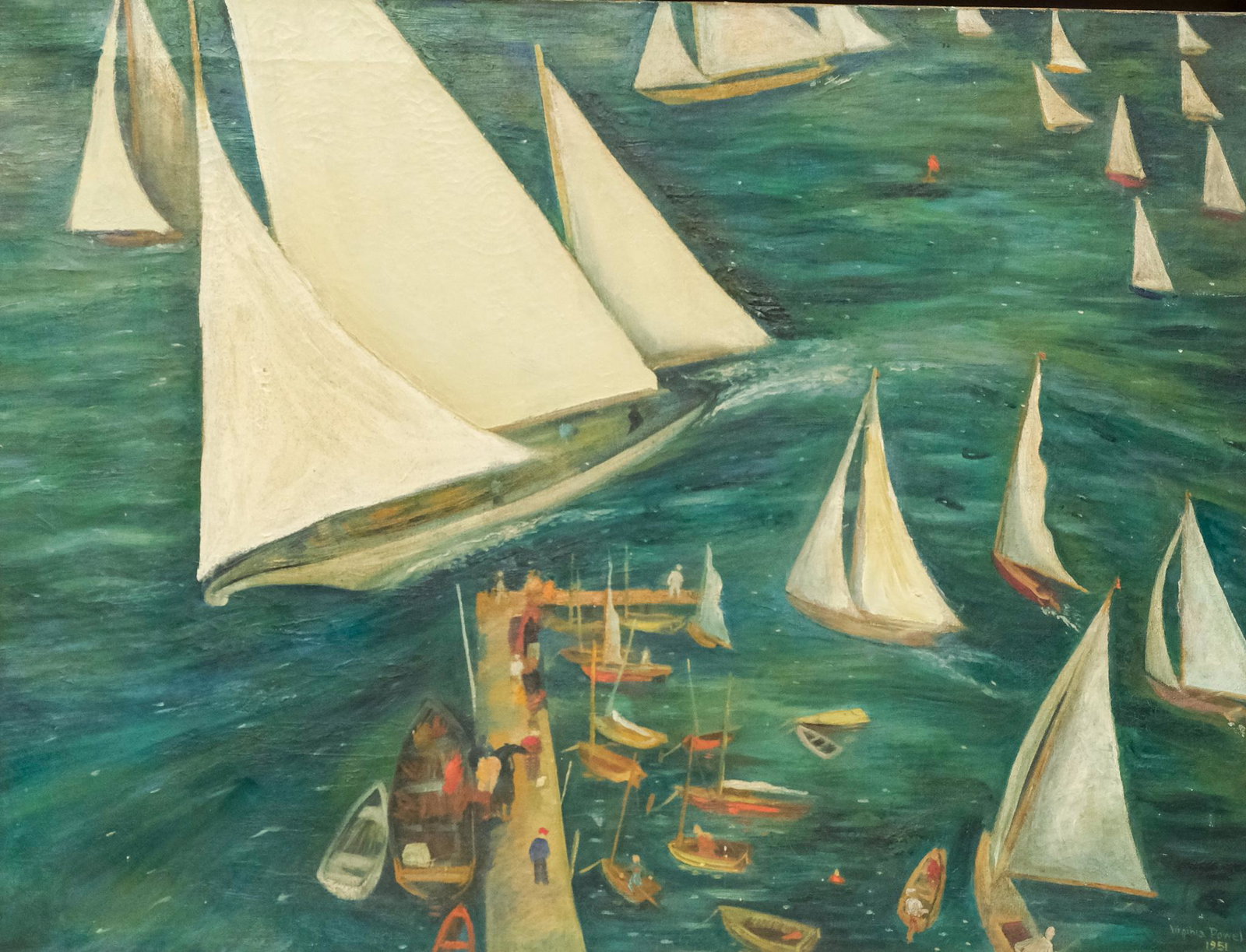 Virginia Powel, Sailboats at the Dock: Virginia W. Powel (American, born 1910), oil on canvas depicting over a dozen sailboats in the vicinity of a narrow dock where several onlookers stand, signed and dated "Virginia Powel 1951" l.r., hou