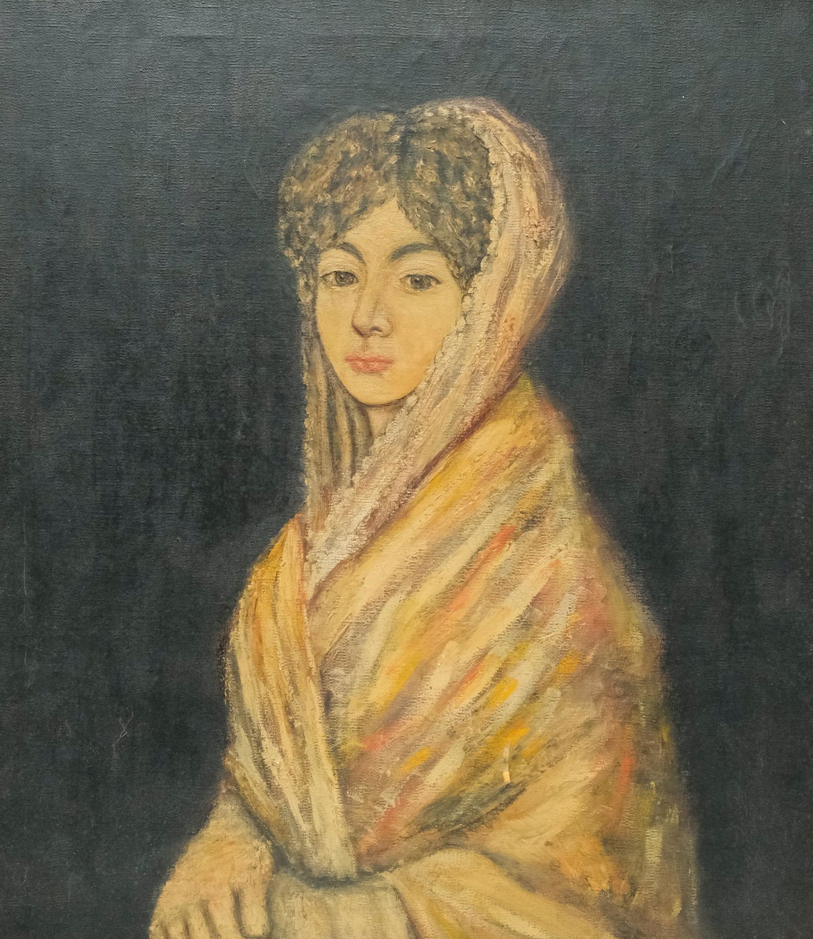 European School, Lady with Gold Shawl: European school, 19th century oil on canvas depicting a seated portrait of a dark-haired woman wrapped in a gold shawl, set against a dark backdrop, signed l.r., housed in a custom gilt frame, 22 1/4"
