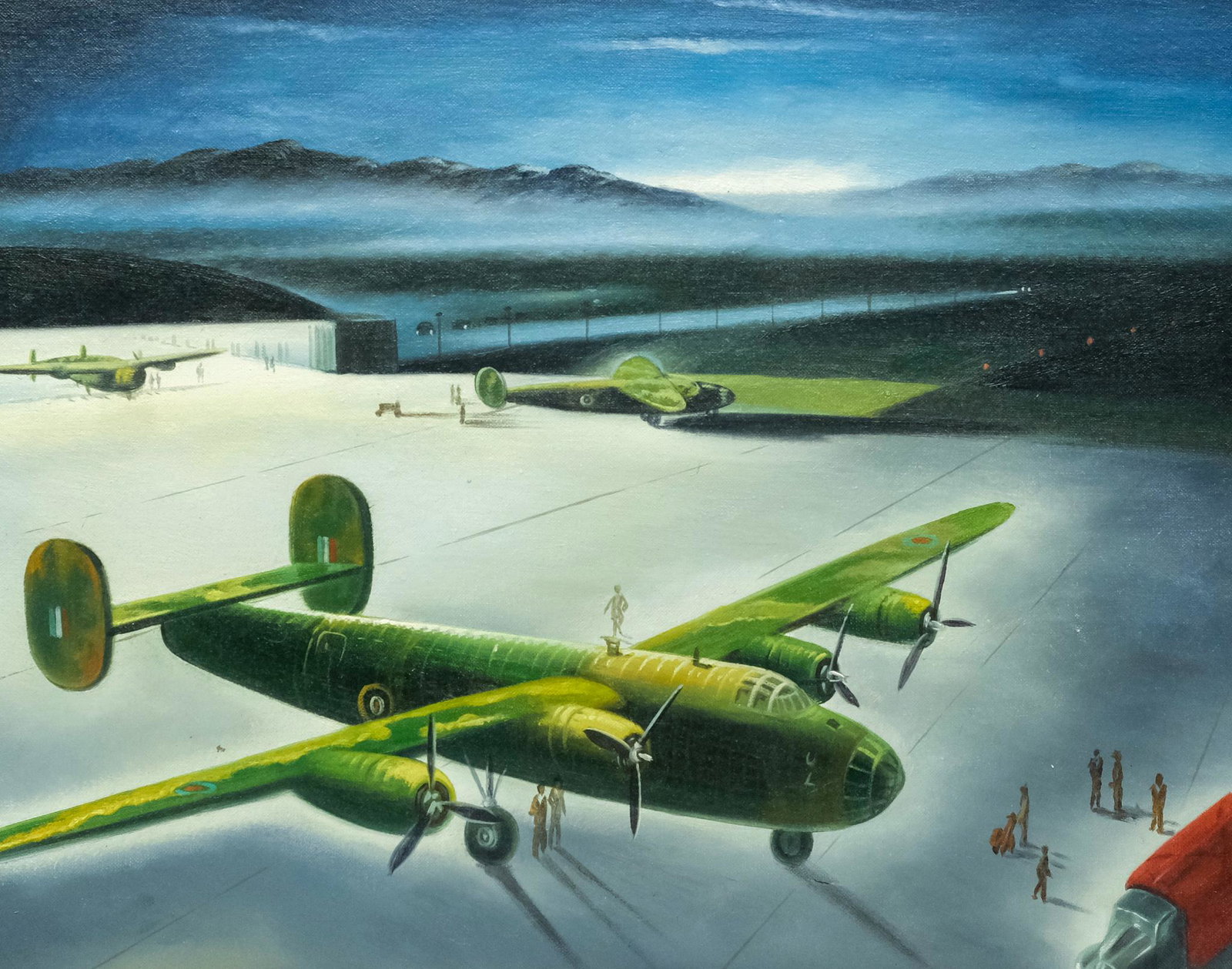 American School, Landed Aircraft: American school 20th century oil on board depicting landed military aircraft, possibly French, 16" x 20" board, 19" x 22 3/4" framed.