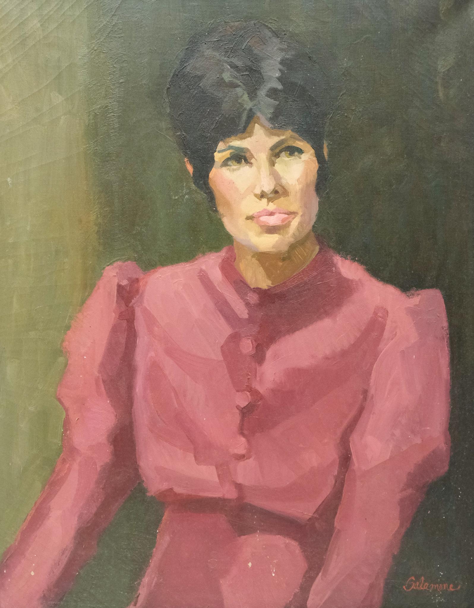 American School, Portrait of a Lady in Mauve: American, 20th century oil on canvas depicting a dark-haired woman with green eyes wearing a mauve, high neck blouse or dress buttoned up to her throat with puffed shoulders, signed "Salamone" l.r., 2