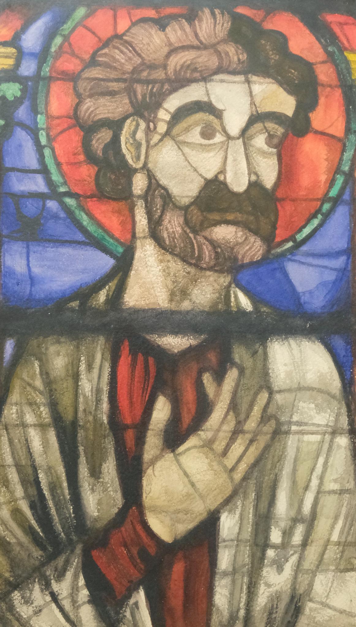 American School, Stained Glass Portrait: American, watercolor on paper painted to resemble a stained glass window, depicting a brown-haired, bearded man with a red halo, probably a sketch for a stained glass window, housed in a custom giltwo