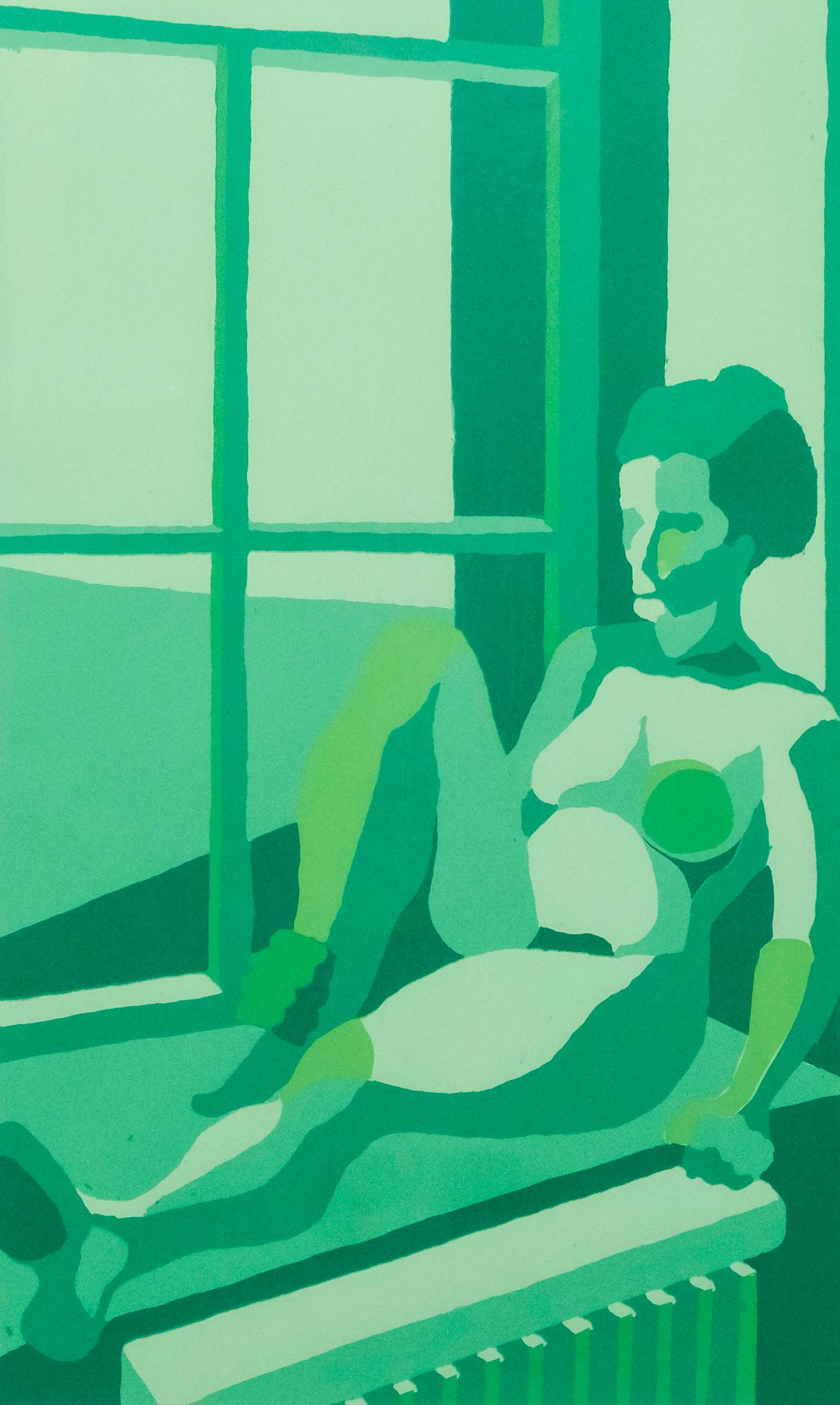 Railey Macey, "Woman in Window": Railey Macey (American, born 20th century), wood block print in green, dated, numbered, titled, and signed in pencil "1/6, Woman in Window 1974" depicting a reclining nude female figure at a window, s